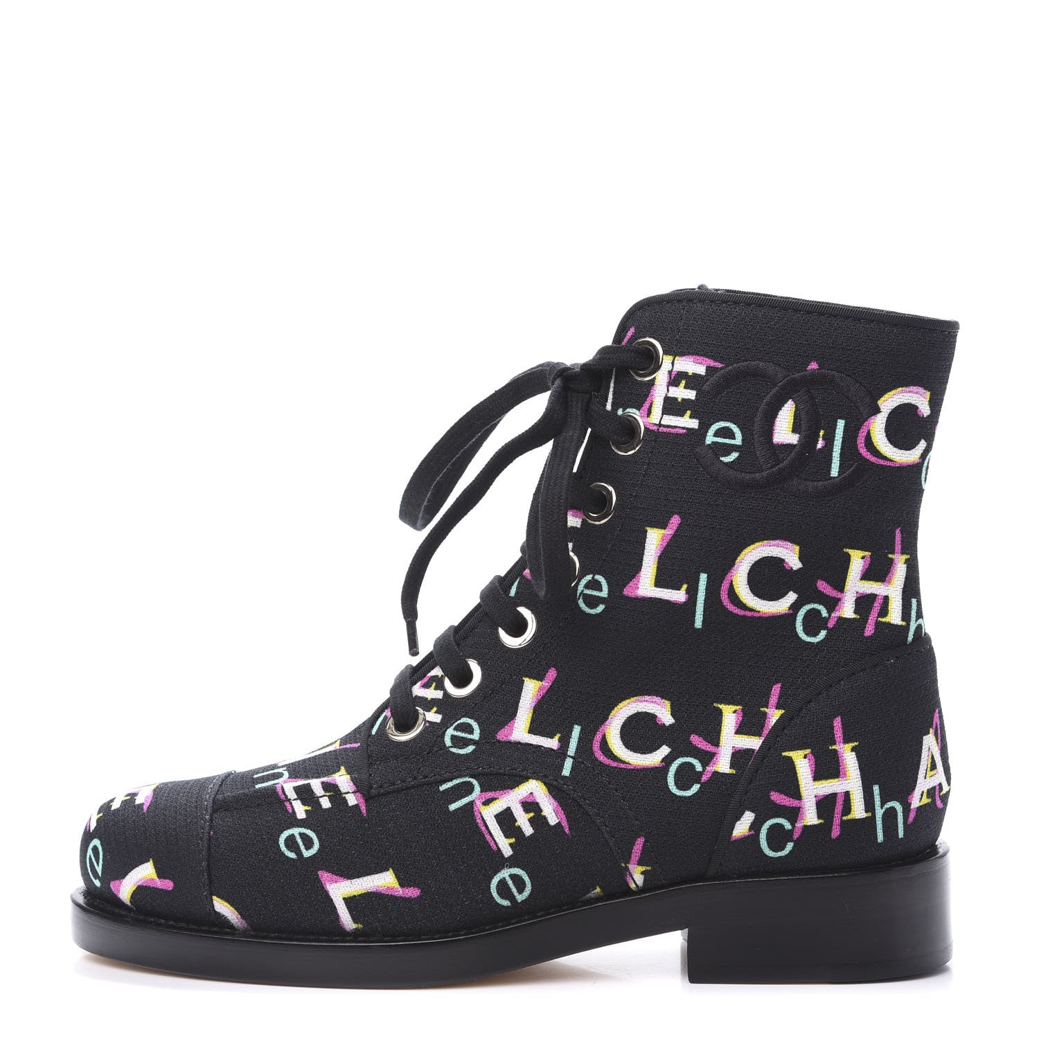 Chanel Tweed Lace Up Short Boots 36 Black Ecru Green Red 1 of 8