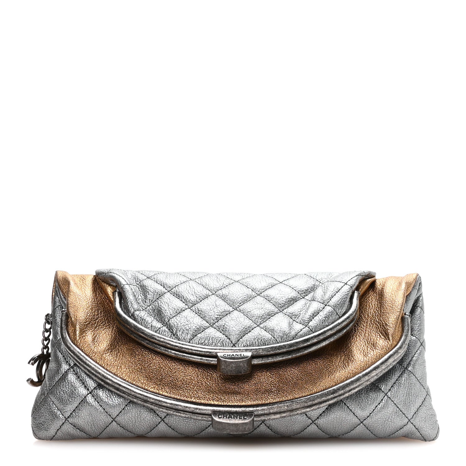 Chanel Metallic Goatskin Quilted Frame Clasp Flap Clutch Silver Gold 1 of 9