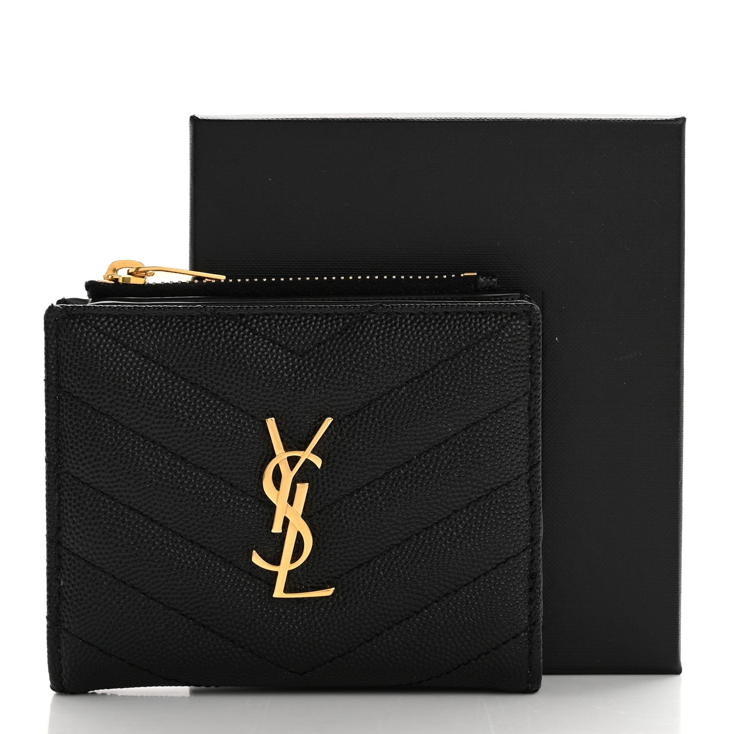 Saint Laurent Grain De Poudre Matelasse Chevron Monogram Zipped Card Case Black 13 of 13