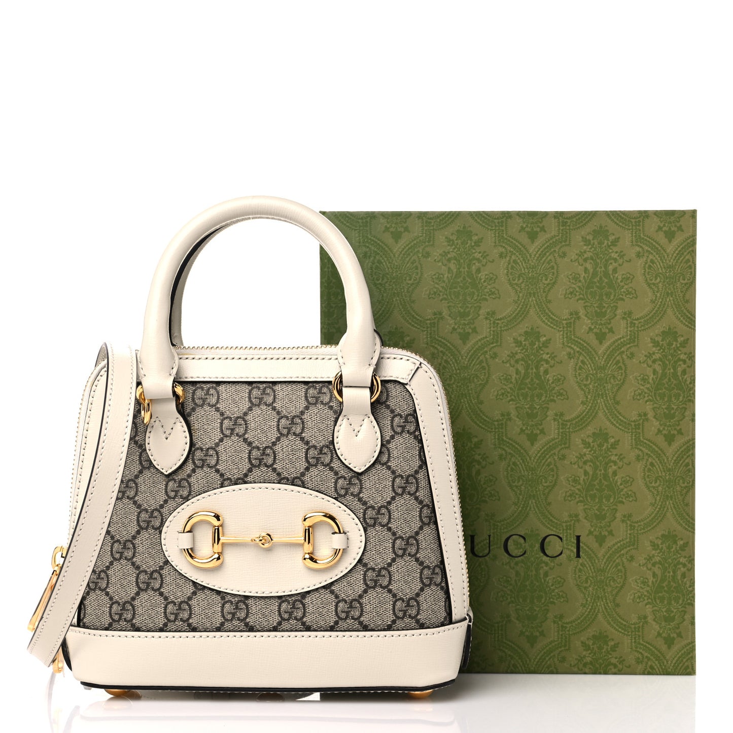 GG Supreme Monogram Azalea Calfskin Mini Horsebit 1955 Top Handle Bag Beige Ebony Mystic White