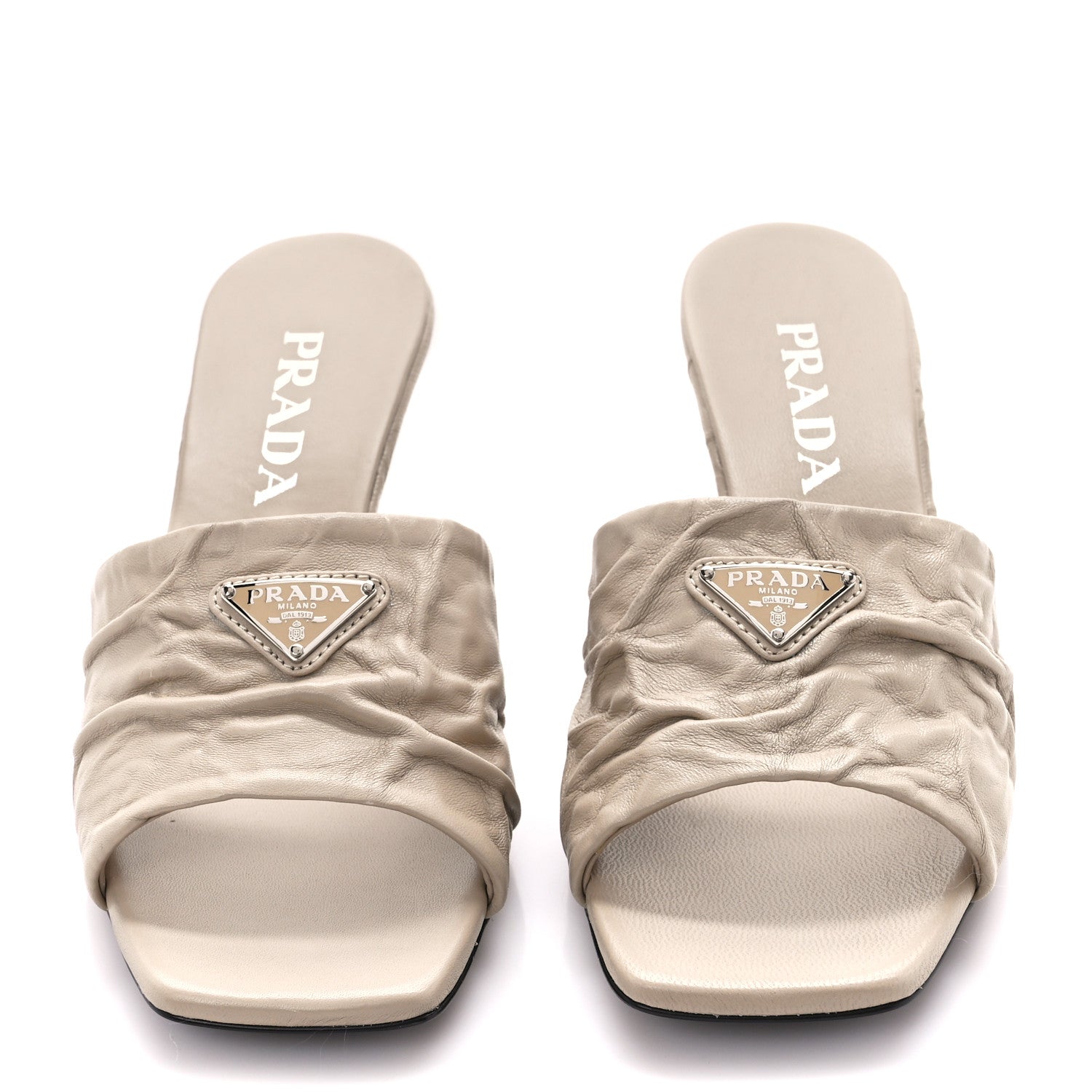 Prada Nappa Antique Metal Triangle Logo 55mm Slide Sandals 37 Deserto 2 of 8