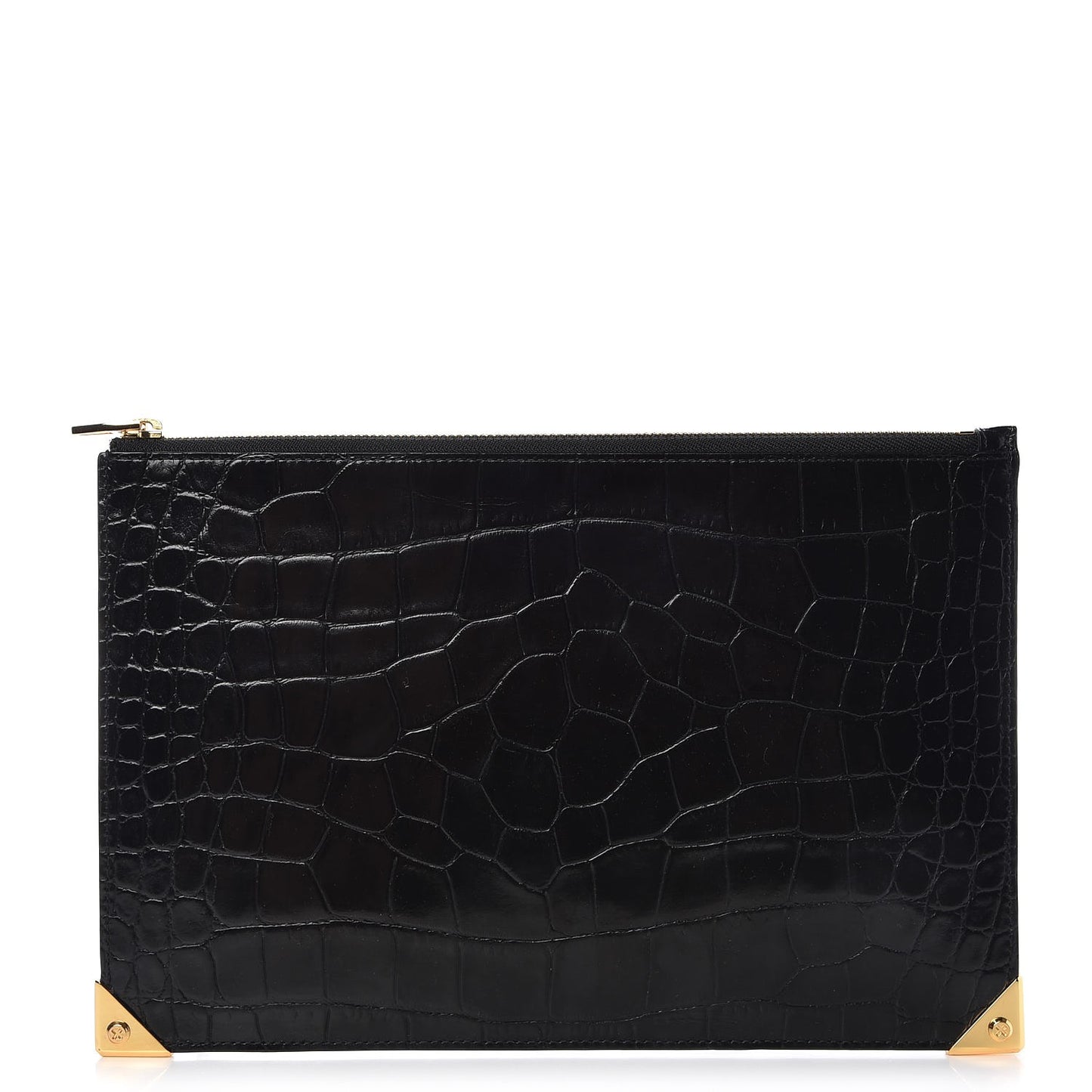 Calfskin Crocodile Embossed Prisma Flat Pouch Black Gold Hardware
