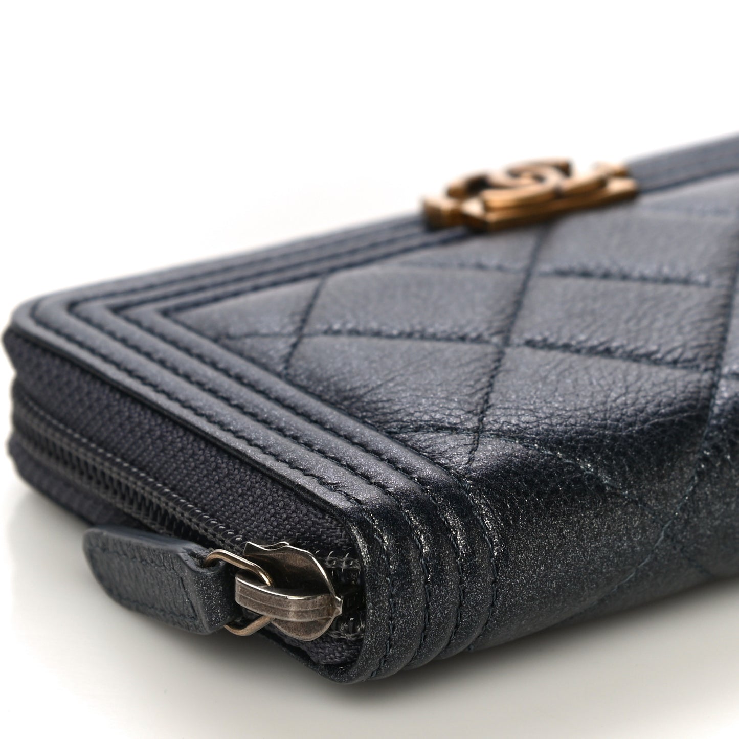 Metallic Calfskin Quilted Small Boy Zip Around Wallet Charcoal