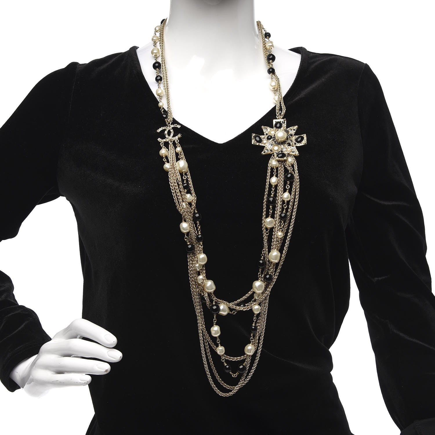 Chanel Pearl Crystal Beaded CC Multi Strand Necklace Gold Black 2 of 5