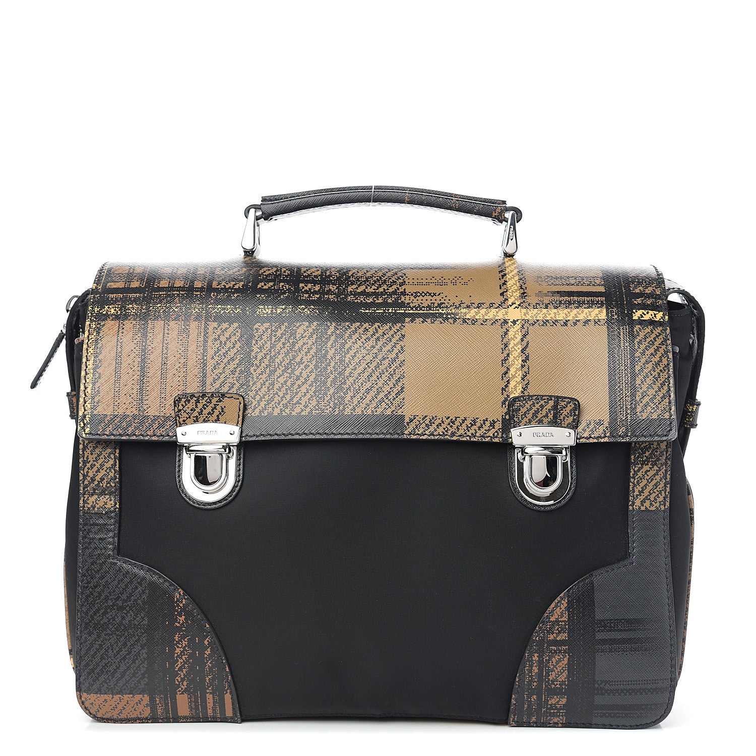 Prada Tessuto Nylon Saffiano Tartan Print Briefcase Cammello 1 of 8
