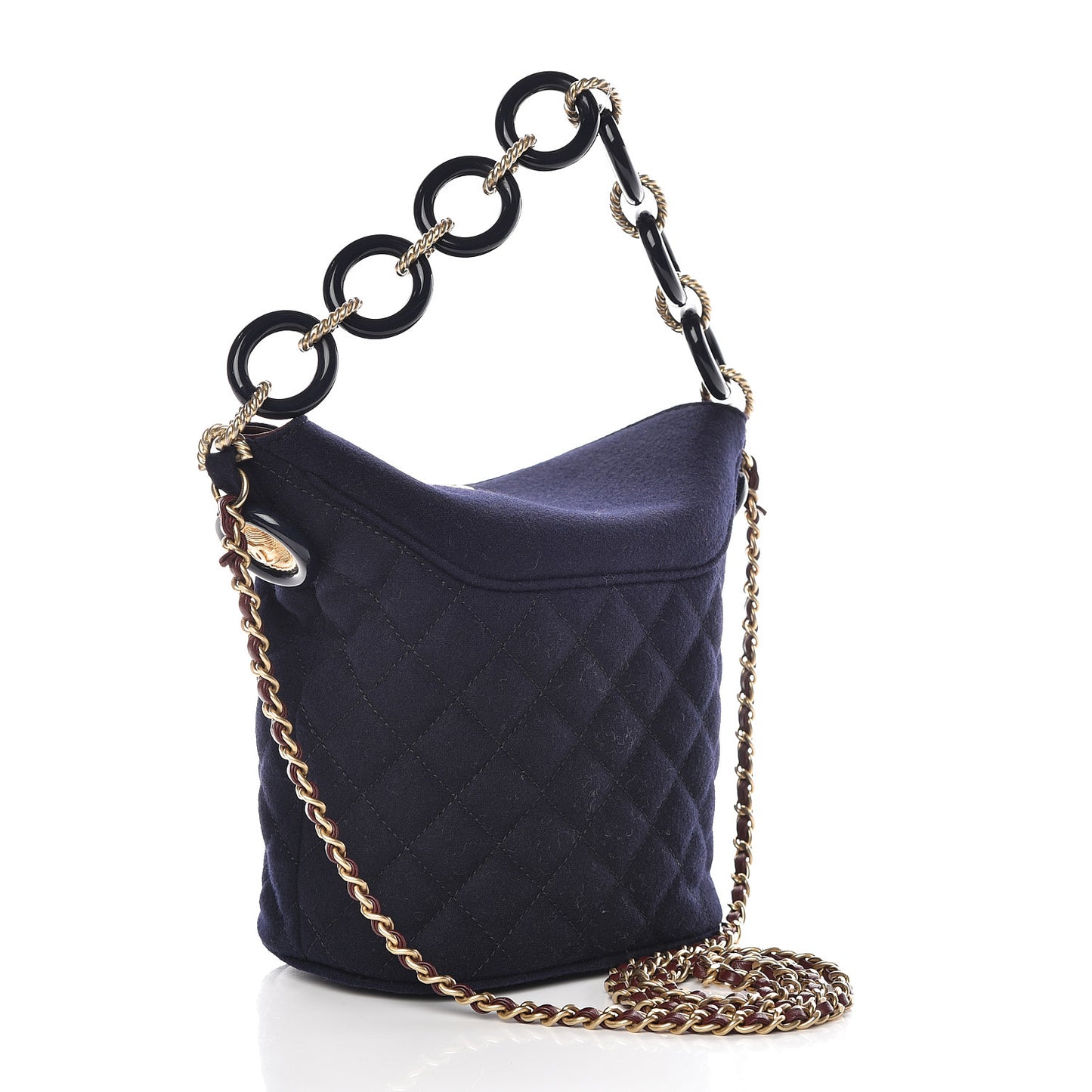 Wool Lambskin Quilted Paris Hamburg Charms Bucket Bag Dark Navy