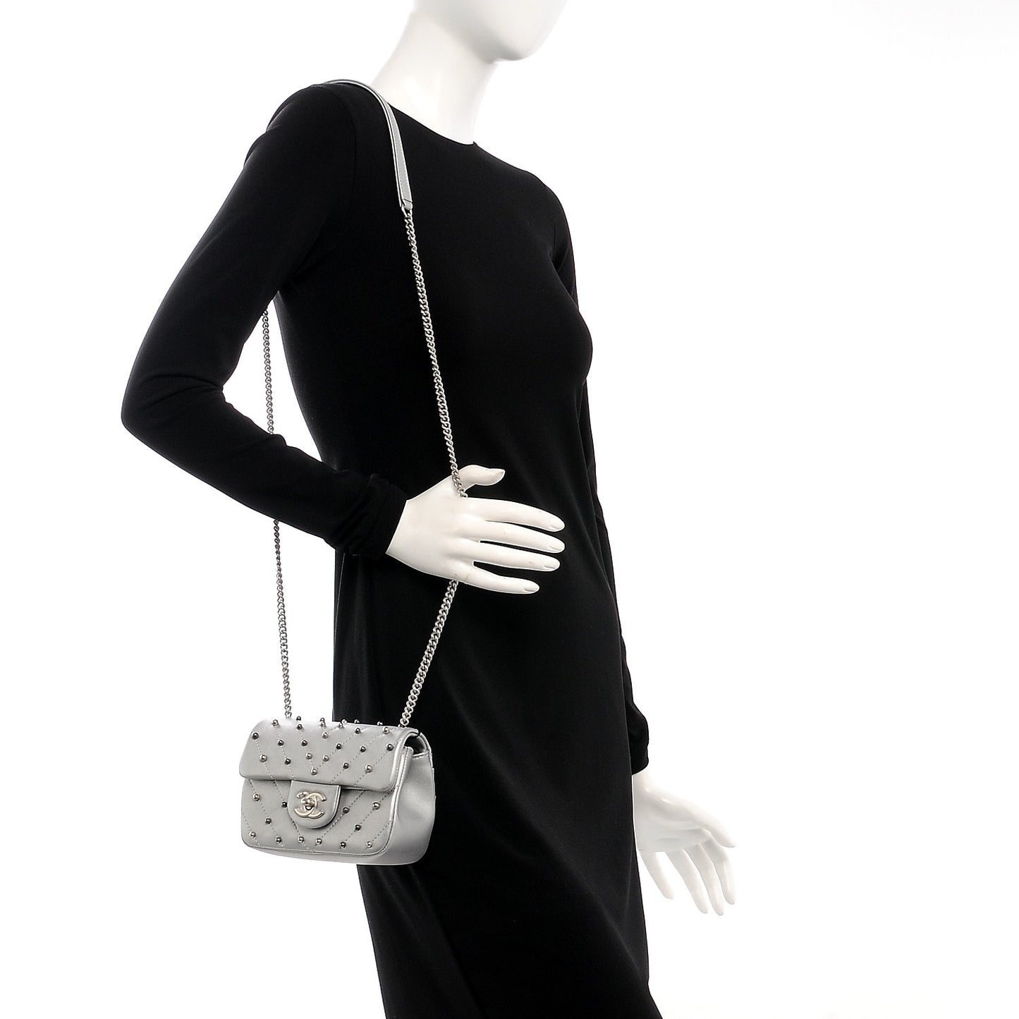 Metallic Lambskin Chevron Quilted Studded Mini Flap Silver