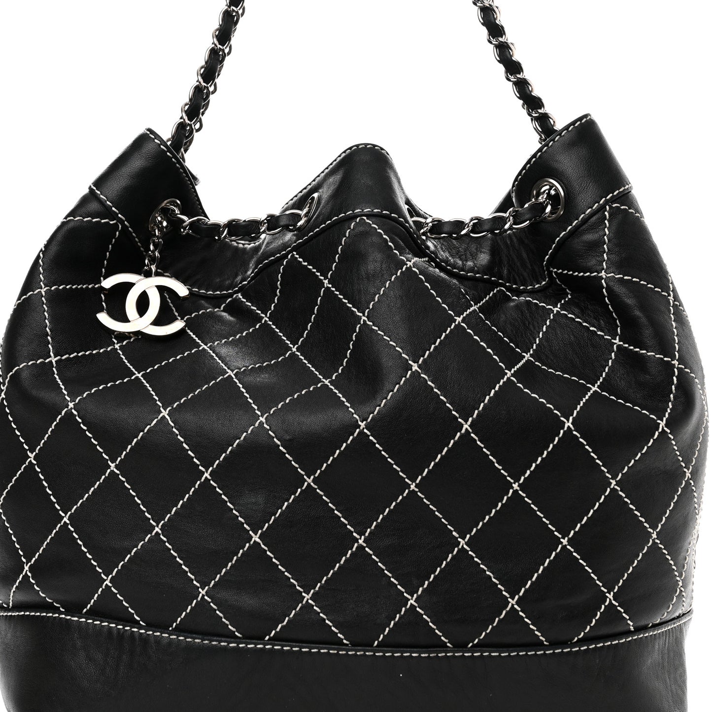 Calfskin Contrast Stitch Surpique Bucket Bag Black