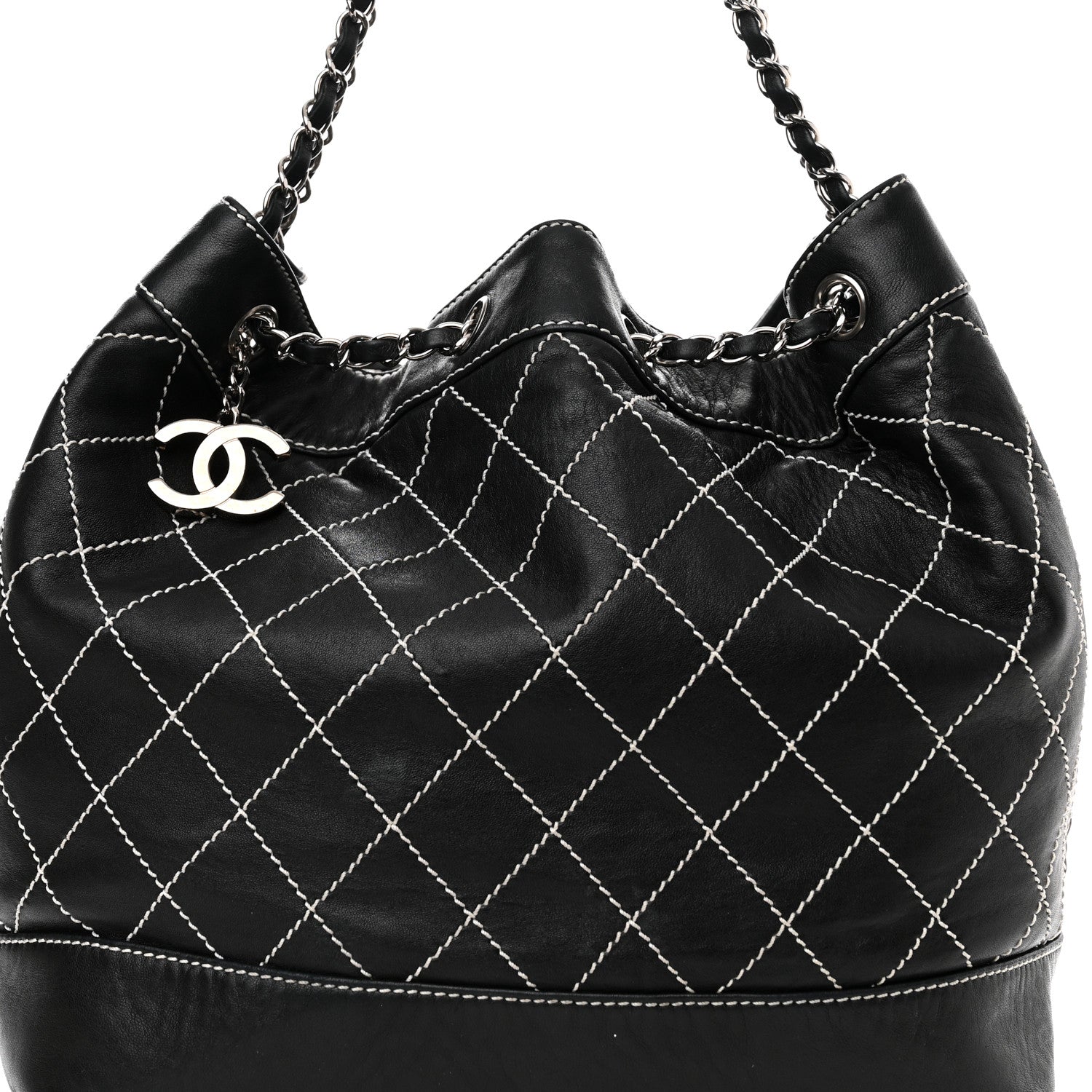 Chanel Calfskin Contrast Stitch Surpique Bucket Bag Black 8 of 10