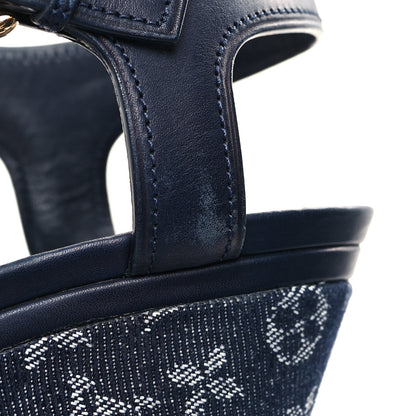 Louis Vuitton Calfskin Monogram Denim Waterfall Wedge Sandals 38 Blue 10 of 10