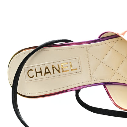 Chanel Laminated Calfskin Grosgrain Cap Toe CC Wedge Pumps 40 Pink Orange Yellow Black 8 of 10