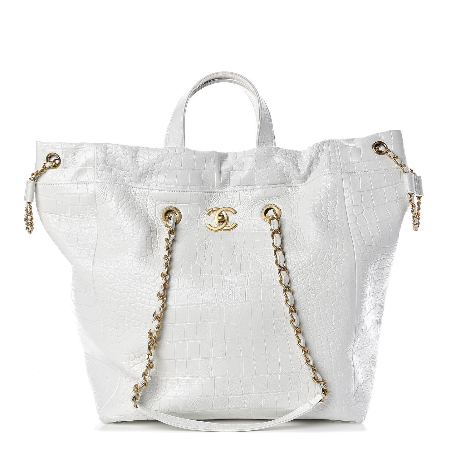 Calfskin Crocodile Embossed Large Cocodile Shopping Tote White
