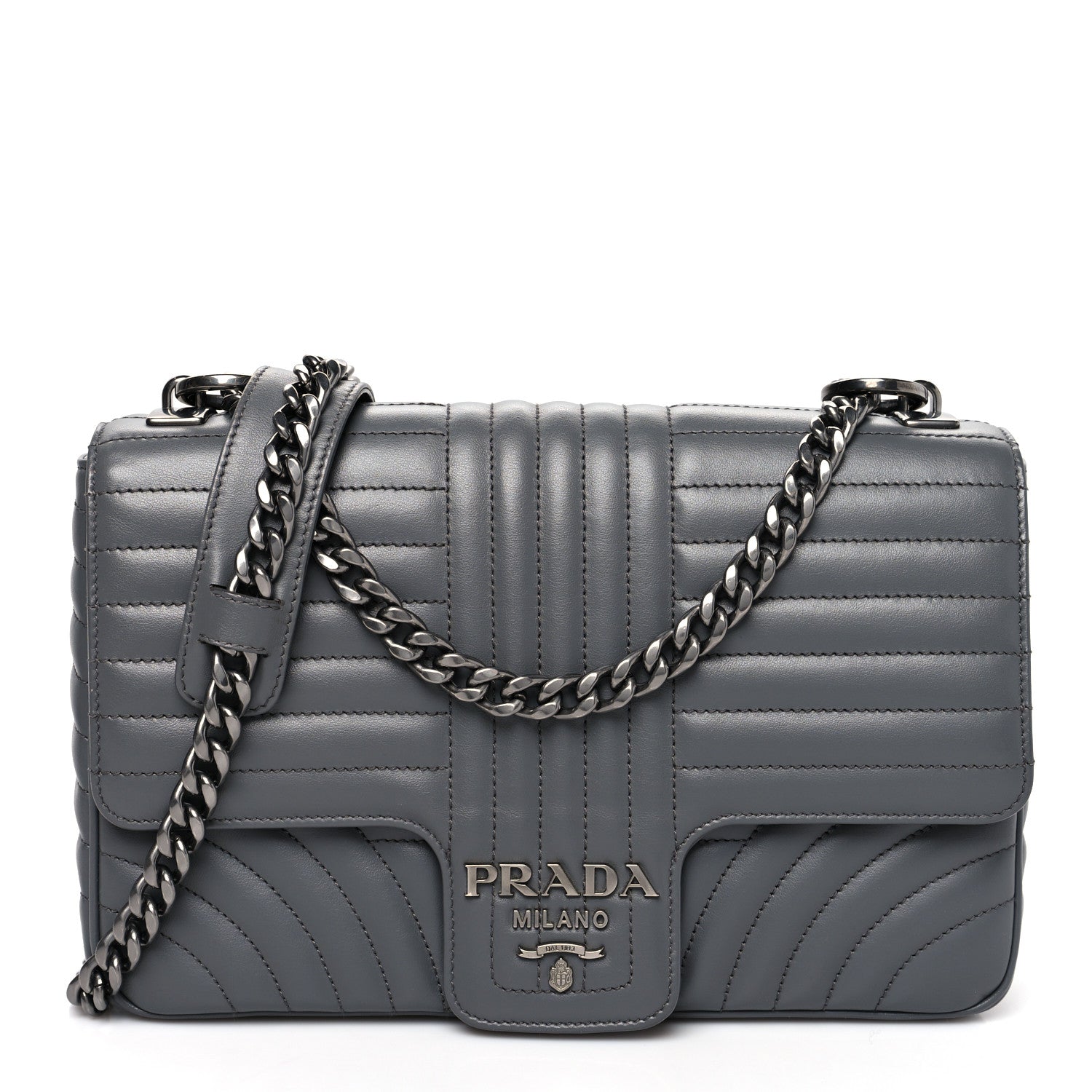 Prada Soft Calfskin Impunture Diagramme Large Chain Flap Shoulder Bag Mercurio 1 of 7
