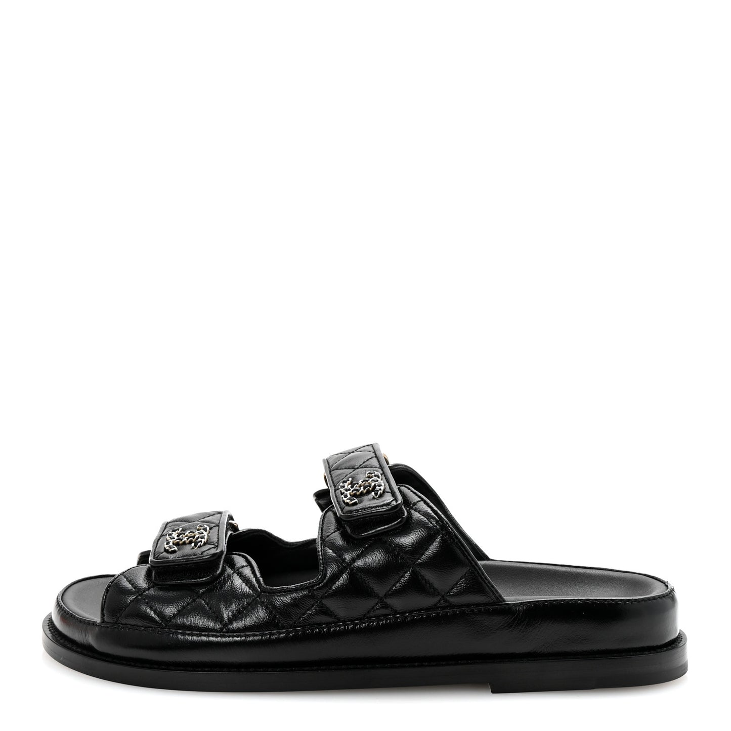 Lambskin Quilted Velcro Dad Chain CC Slide Sandals 38.5 Black