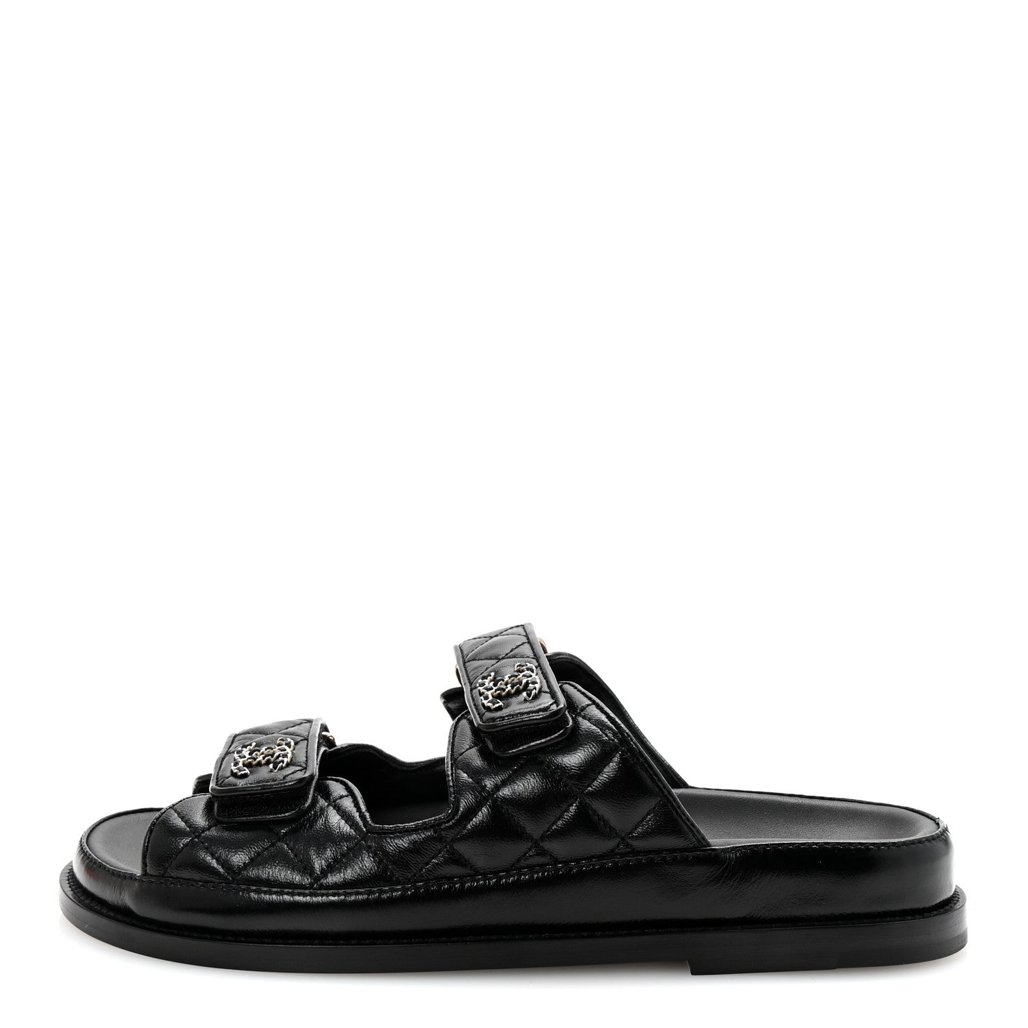 Chanel Lambskin Quilted Velcro Dad Chain CC Slide Sandals 38.5 Black 1 of 10