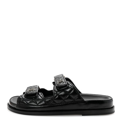 Chanel Lambskin Quilted Velcro Dad Chain CC Slide Sandals 38.5 Black 1 of 10
