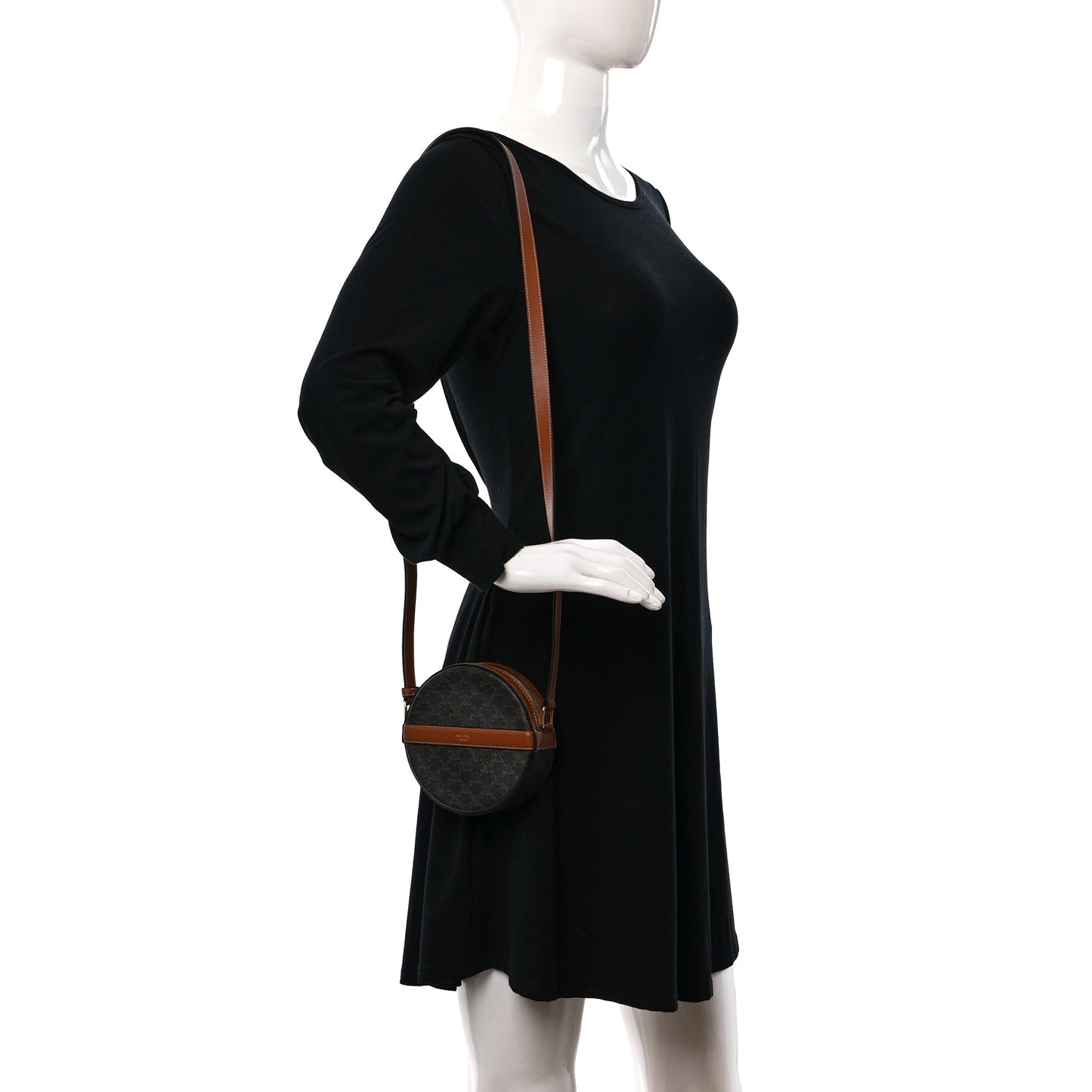 Lambskin Triomphe Canvas Round Purse On Strap Black Tan