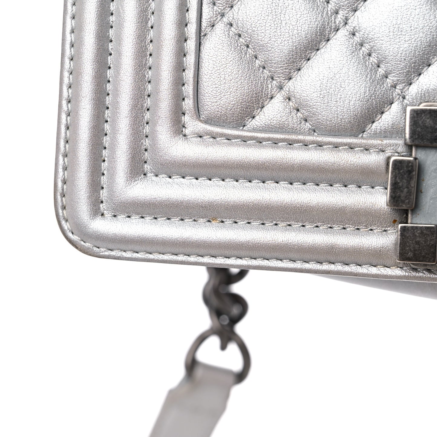 Metallic Calfskin Quilted Small Boy Flap Silver