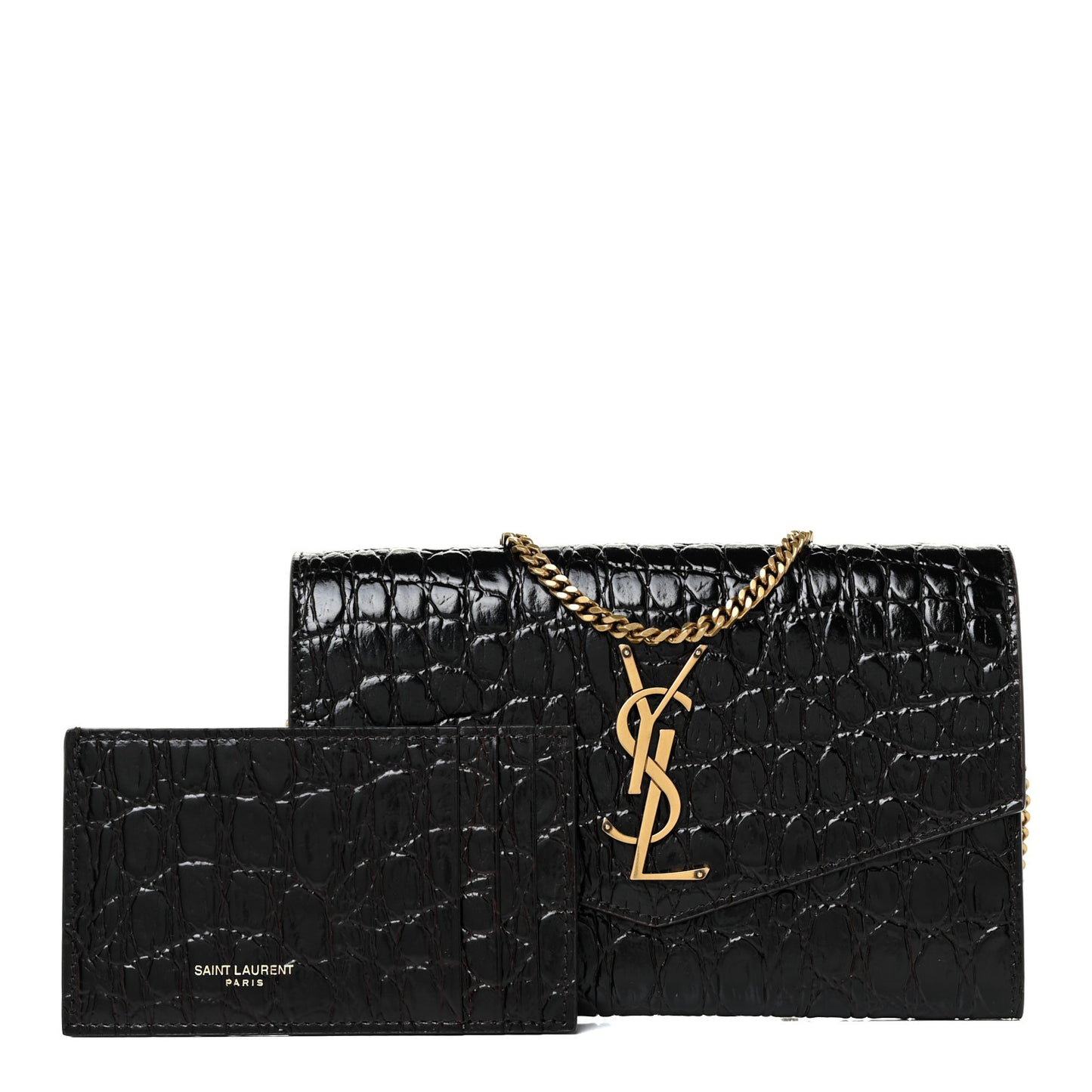 Calfskin Crocodile Embossed Monogram Uptown Chain Wallet Fondente