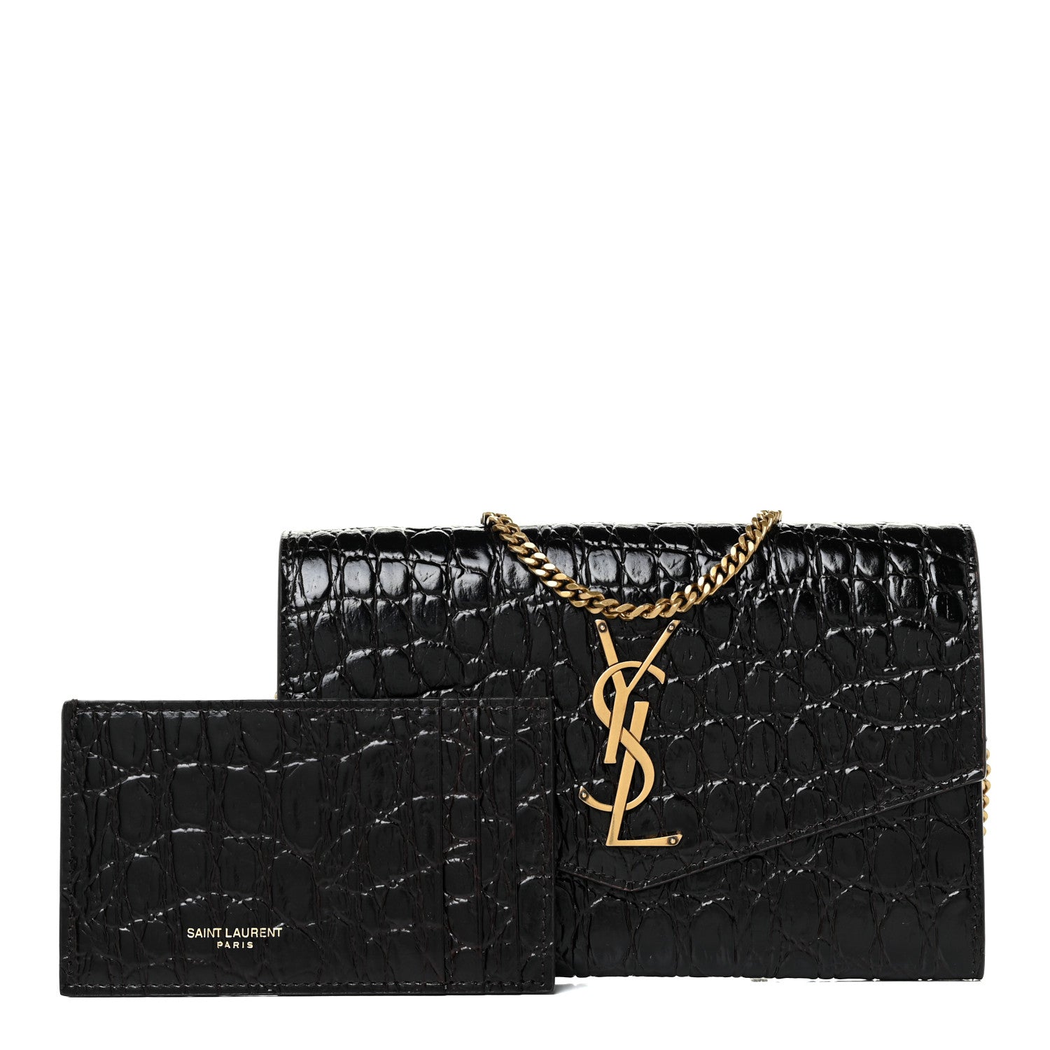 Saint Laurent Calfskin Crocodile Embossed Monogram Uptown Chain Wallet Fondente 3 of 13