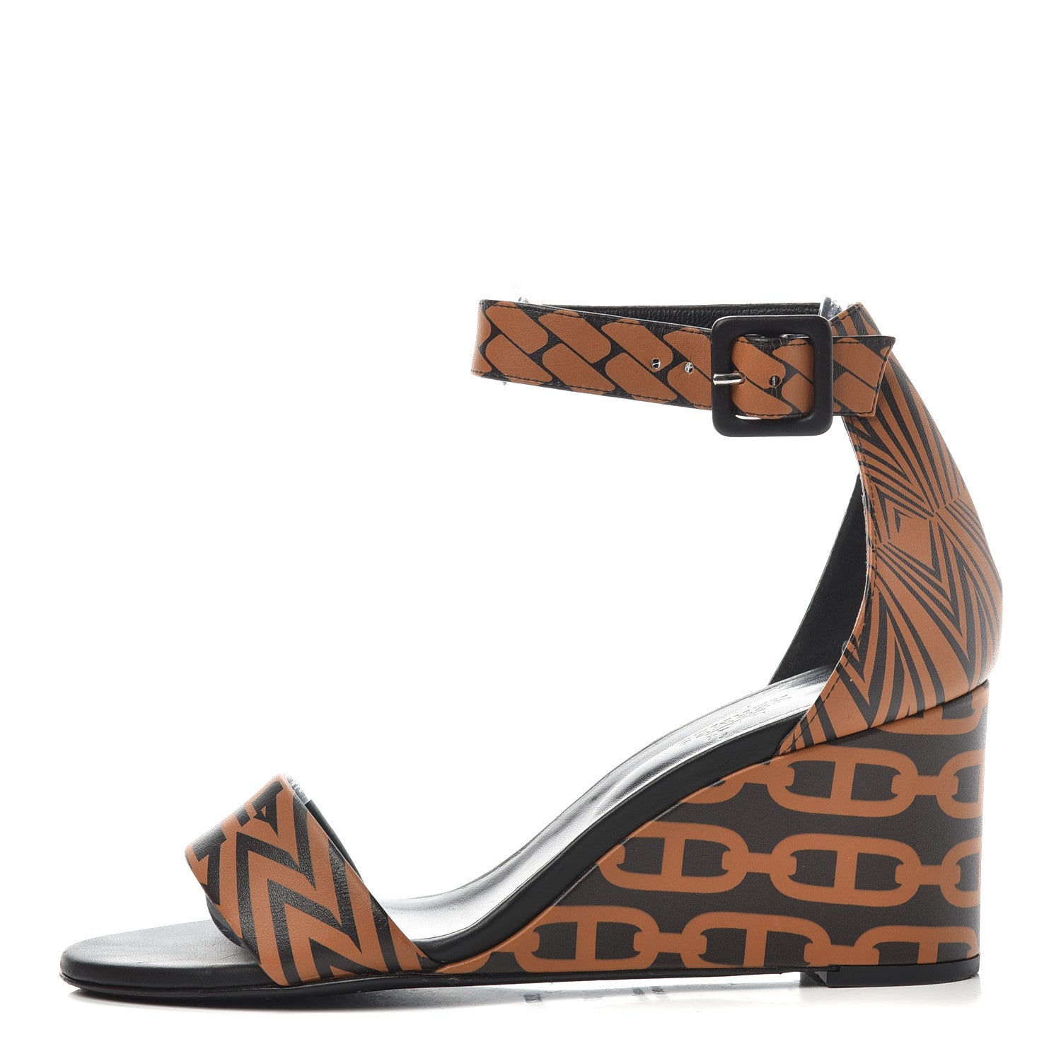 Hermes Calfskin Printed Acapulco Wedge Sandals 37 Black Naturel 1 of 11