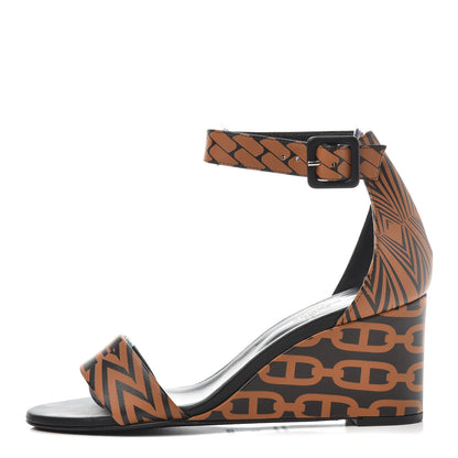 Hermes Calfskin Printed Acapulco Wedge Sandals 37 Black Naturel 1 of 11