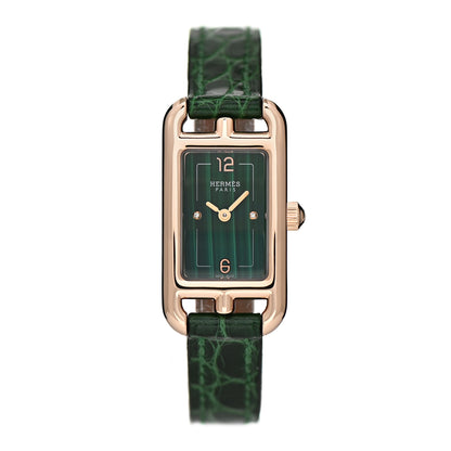 Hermes 18K Rose Gold Alligator Diamond Malachite 17mm Nantucket Quartz Watch Vert Moyen 1 of 5