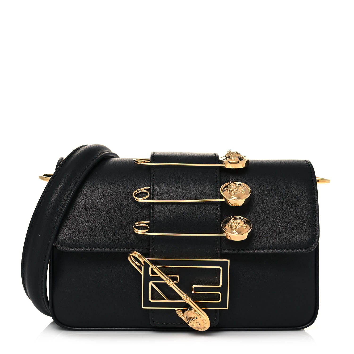 Fendi X VERSACE Vitello Seta Fendace Mini Brooch Baguette Black 1 of 15