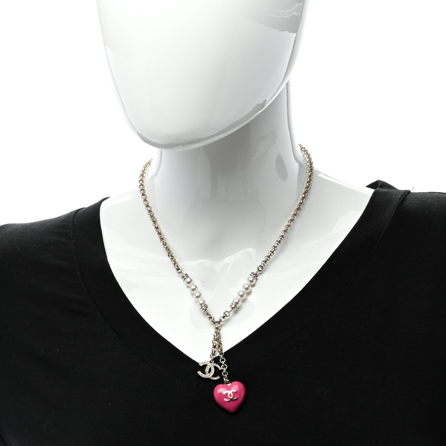Chanel Resin Crystal Pearl Chain Heart CC Pendant Necklace Pink White Gold 2 of 4