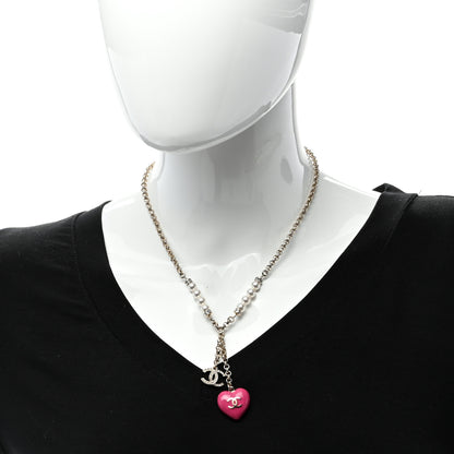 Chanel Resin Crystal Pearl Chain Heart CC Pendant Necklace Pink White Gold 2 of 4