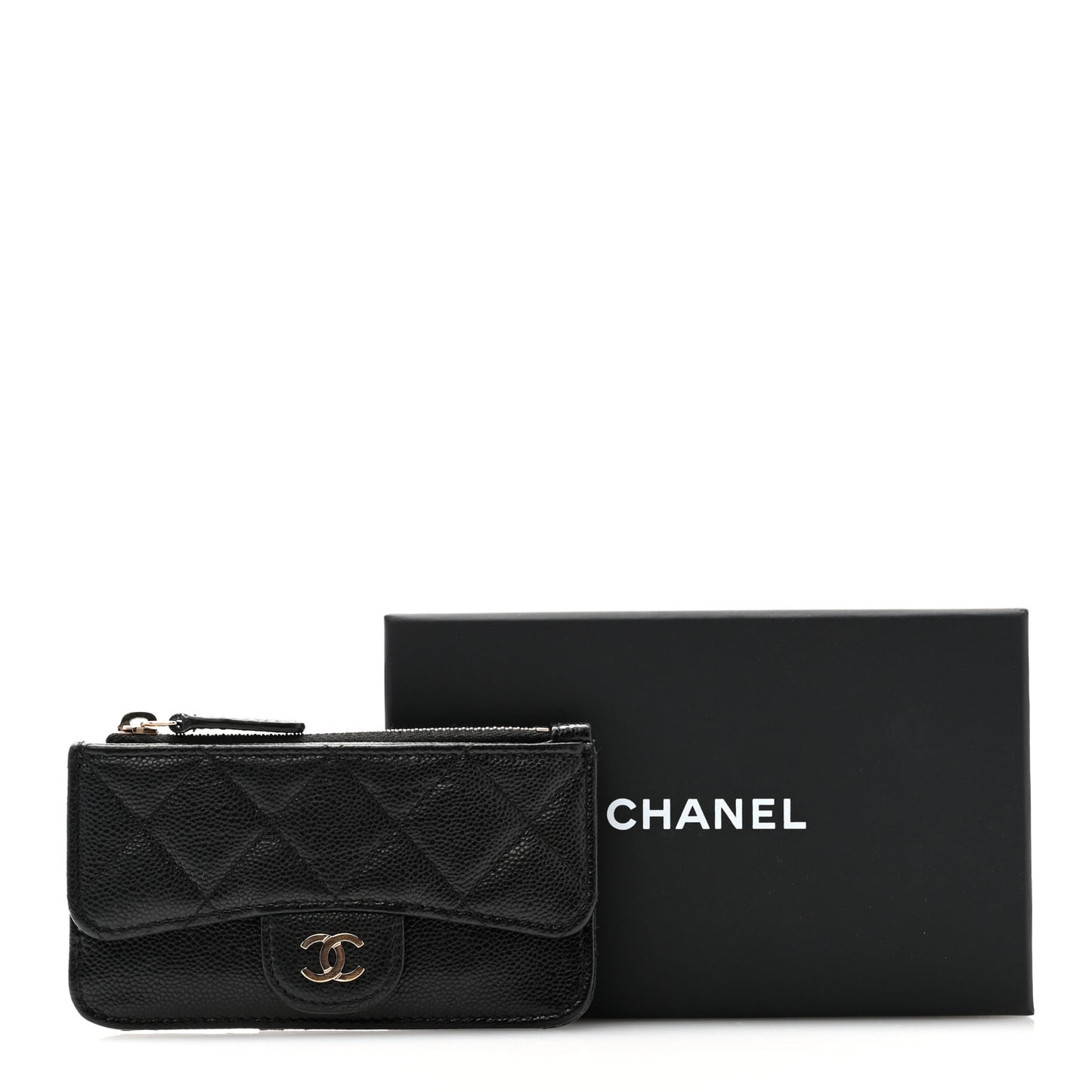 Caviar Quilted Flap Zip Card Holder Black