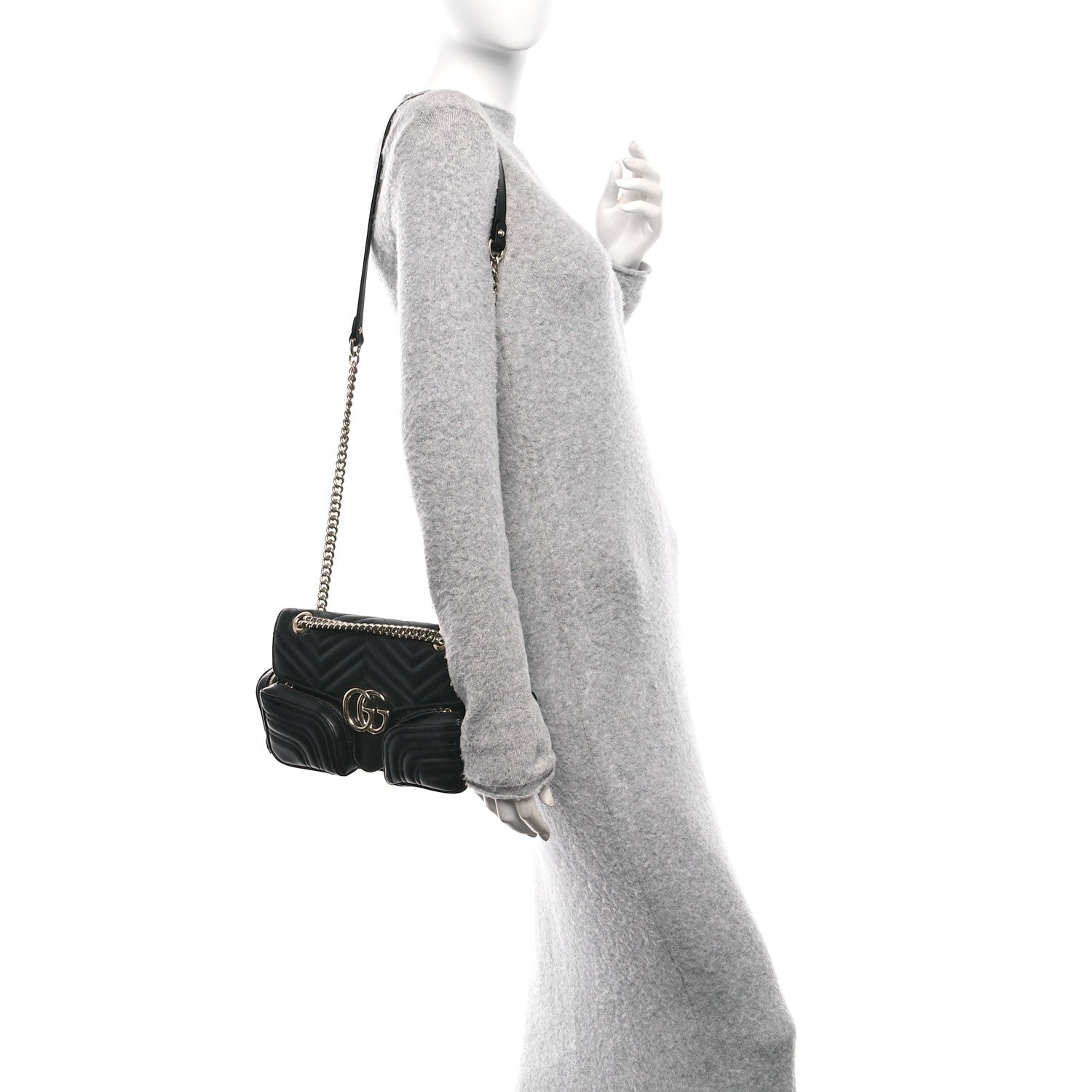 Gucci Calfskin Matelasse Small GG Marmont Multi Pocket Shoulder Bag Black 2 of 10