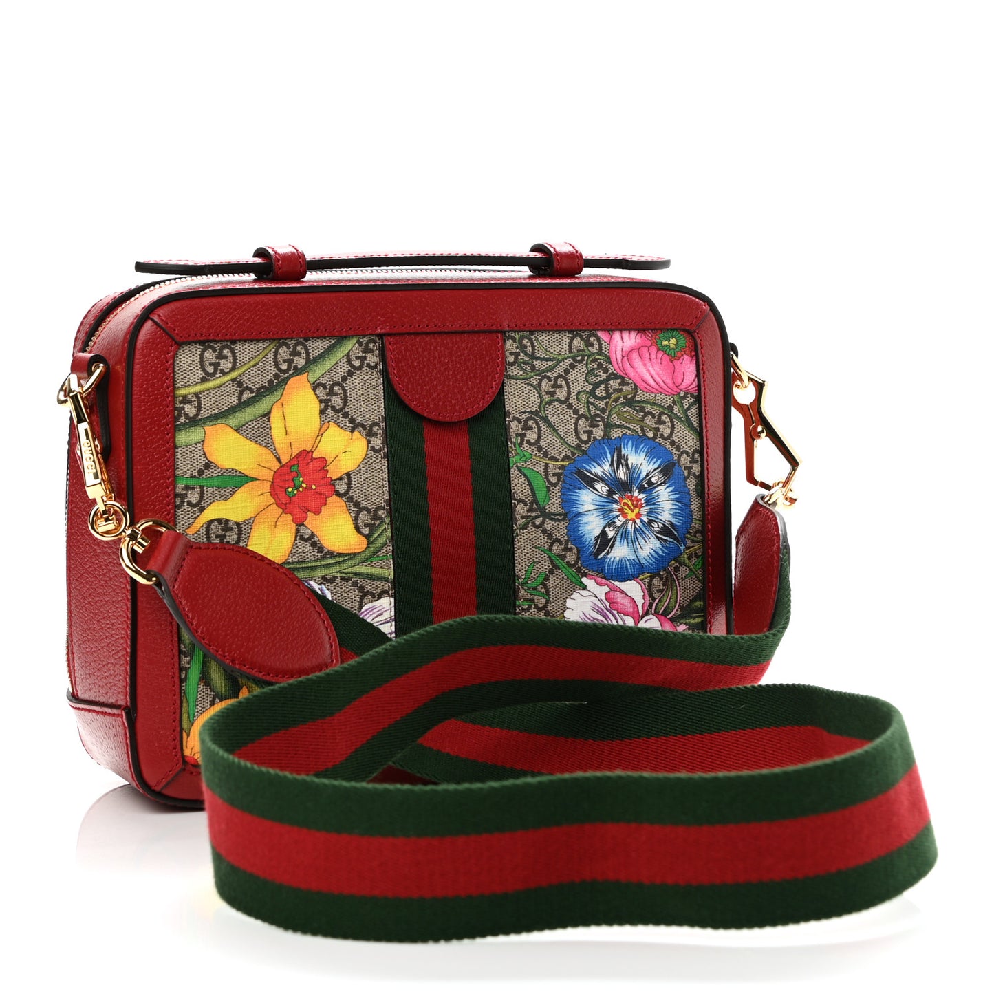 GG Supreme Monogram Flora Web Small Ophidia Top Handle Shoulder Bag Hibiscus Red