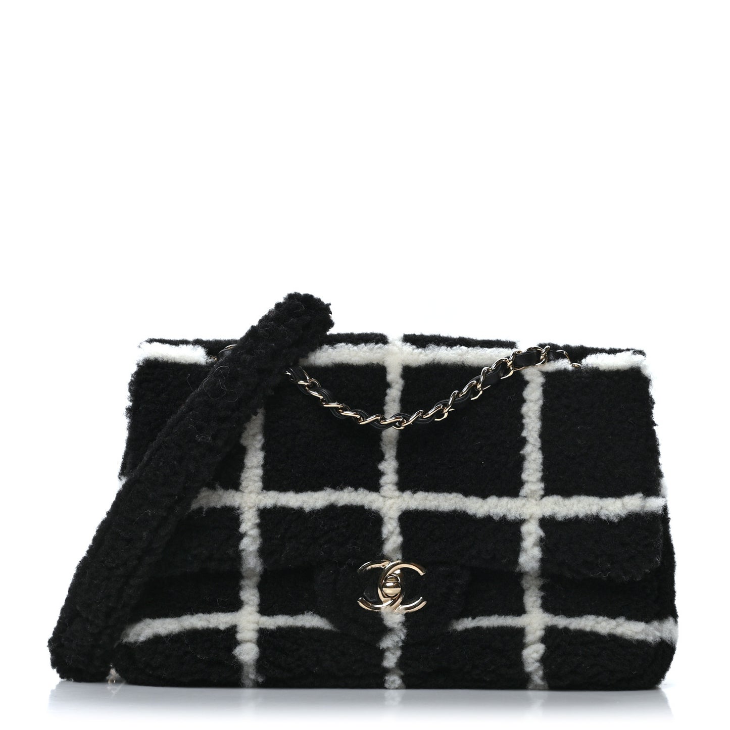 Shearling Lambskin Large Fluffy Tartan Single Flap Black White