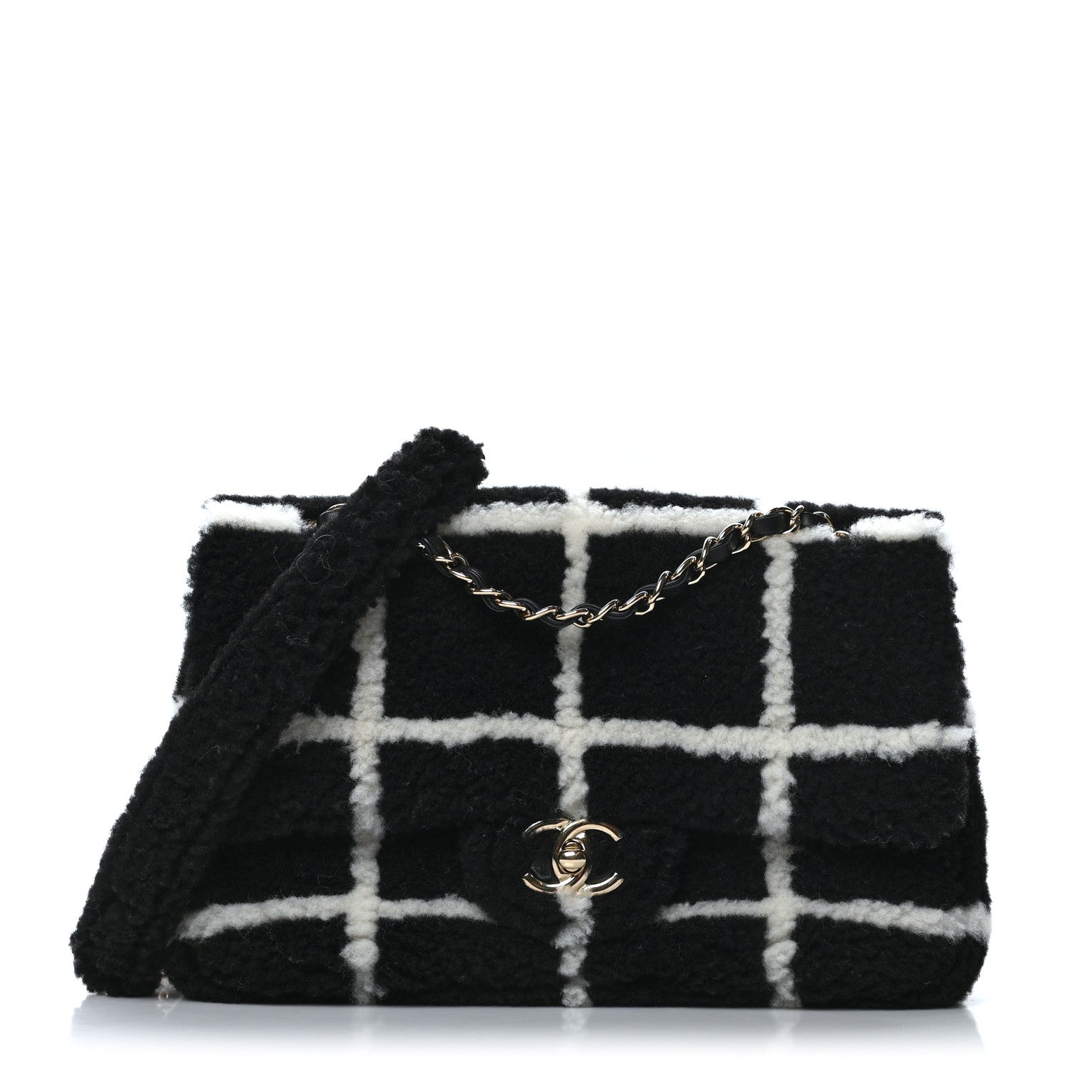 Chanel Shearling Lambskin Large Fluffy Tartan Single Flap Black White 1 of 11