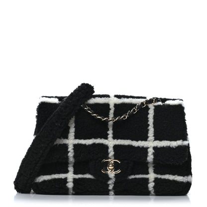 Chanel Shearling Lambskin Large Fluffy Tartan Single Flap Black White 1 of 11