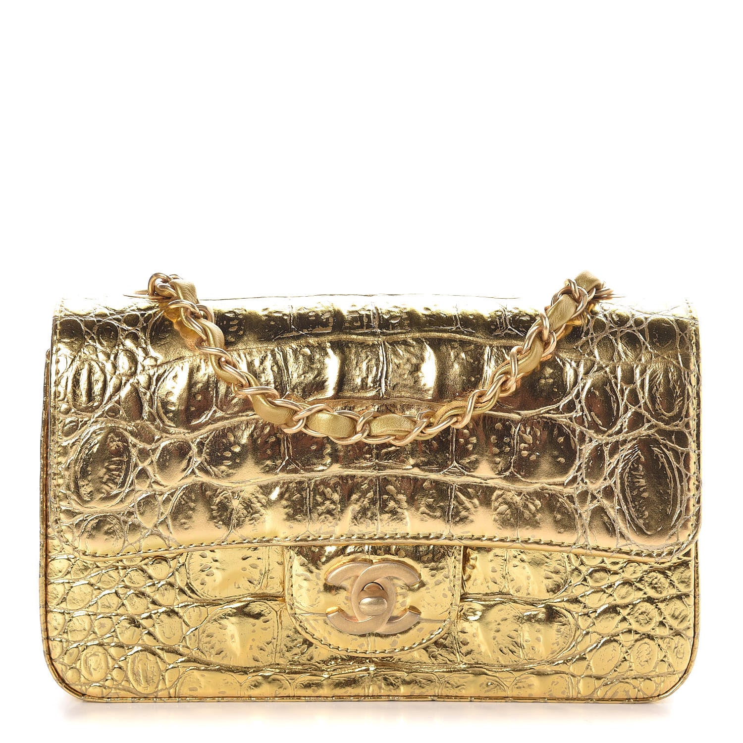 Chanel Metallic Calfskin Crocodile Embossed Mini Flap Gold 1 of 10