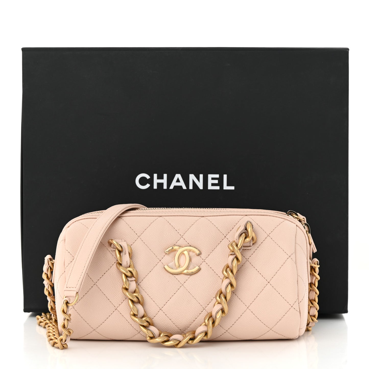 Caviar Quilted Small Fashion Therapy Bowling Bag Beige