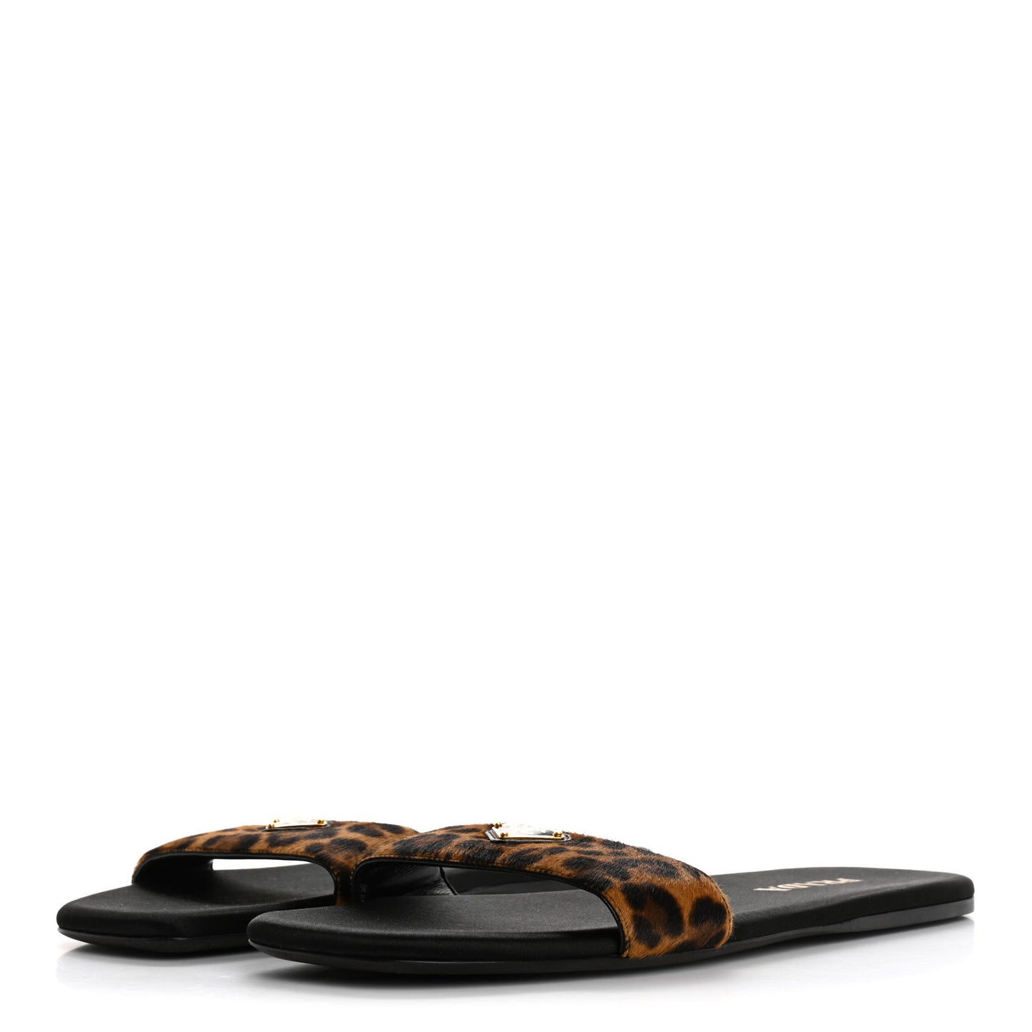 Calf Hair Leopard Print Metal Triangle Logo Flat Slide Sandals 40 Miele