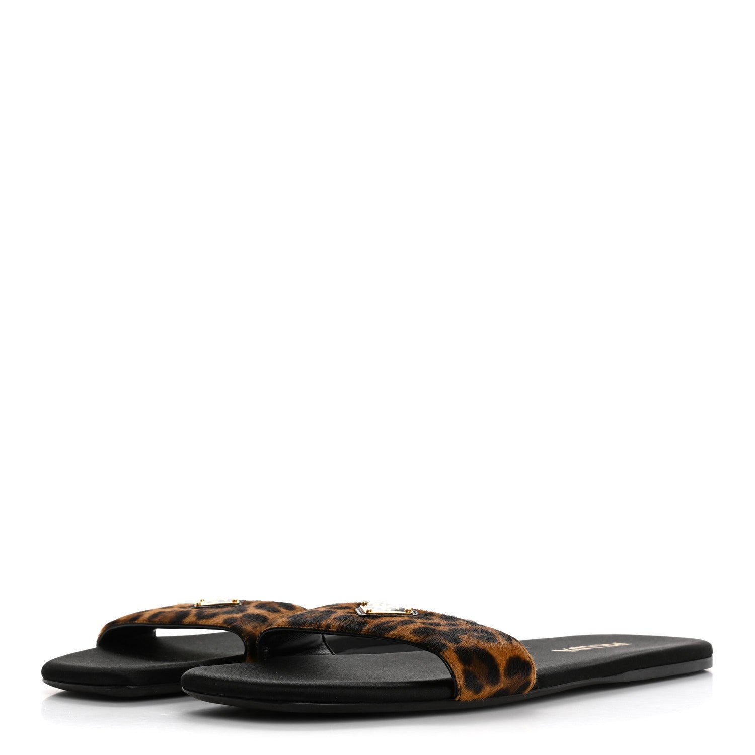 Prada Calf Hair Leopard Print Metal Triangle Logo Flat Slide Sandals 40 Miele 4 of 9