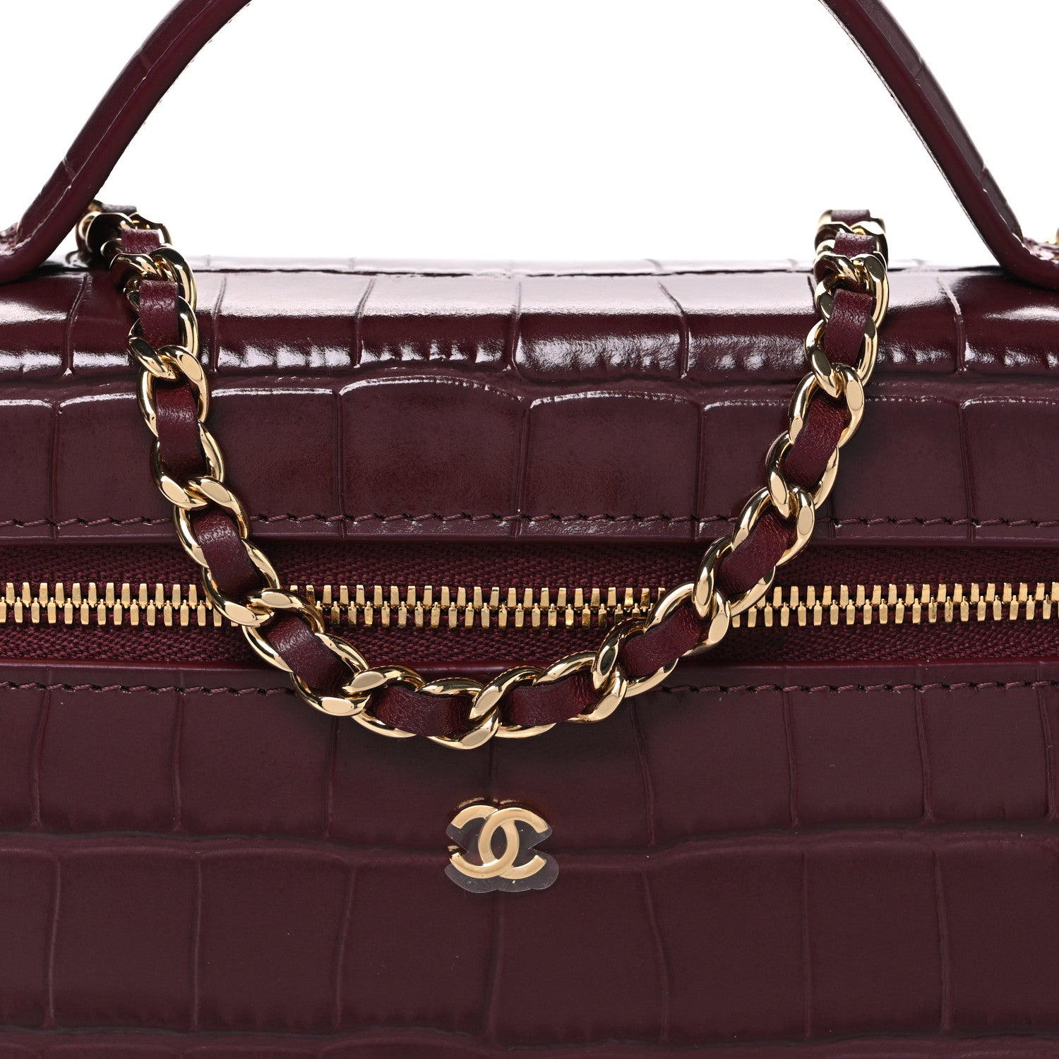 Chanel Calfskin Crocodile Embossed Crococo Top Handle Slim Vanity Case With Chain Dark Burgundy 8 of 12