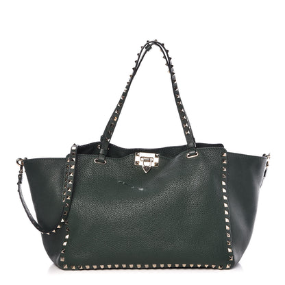 Valentino Garavani Pebbled Calfskin Medium Rockstud Tote Dark Green 1 of 13
