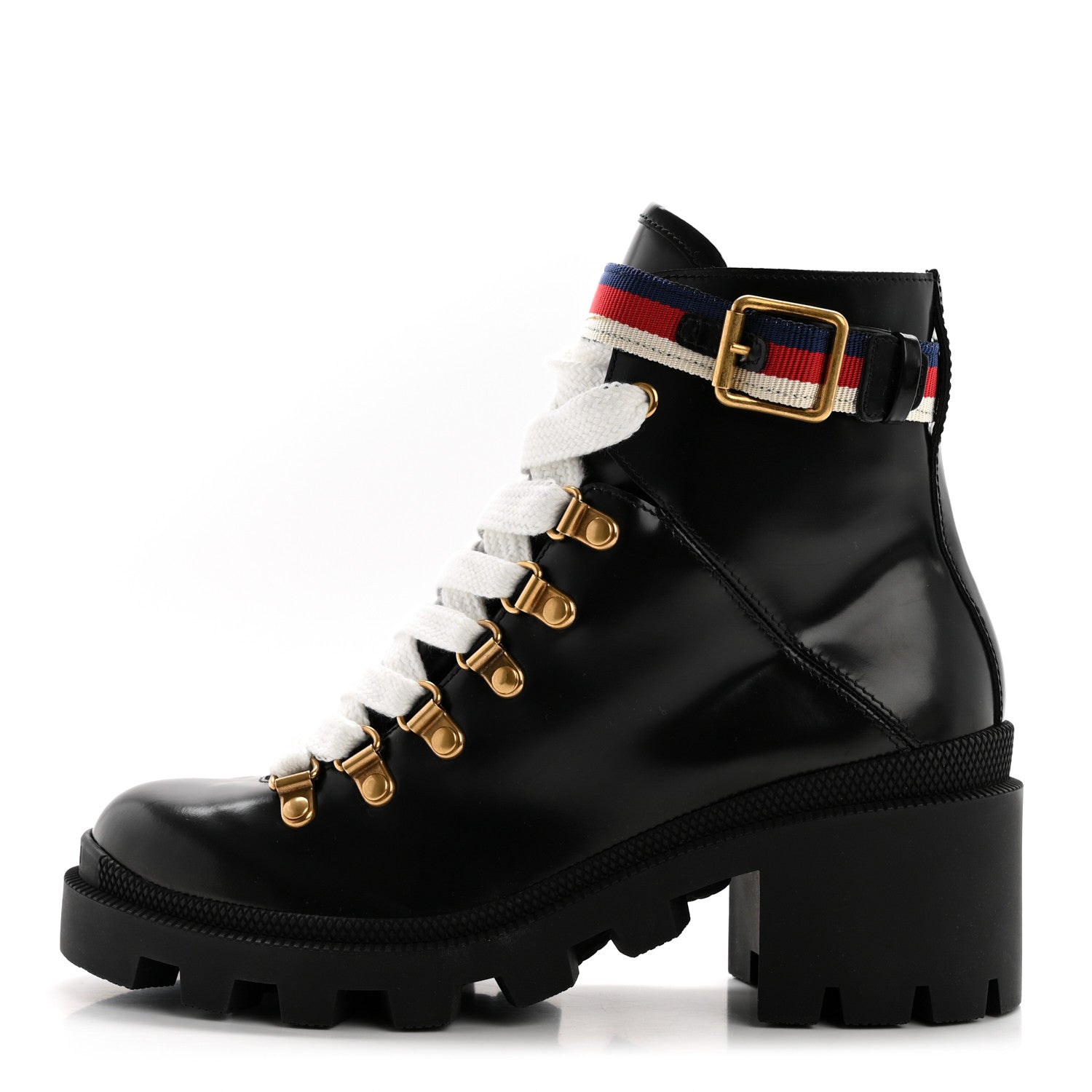 Gucci Calfskin Sylvie Web Womens Lace Up Combat Boots 35.5 Black 1 of 10