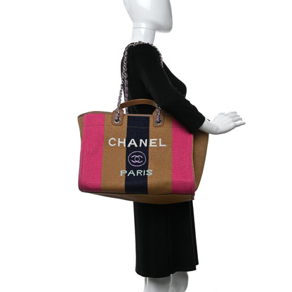 Chanel Straw Raffia Calfskin Striped Medium Deauville Tote Dark Beige Fuchsia Navy Blue 2 of 13