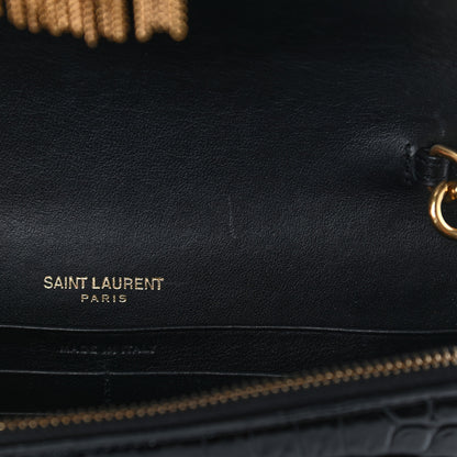 Saint Laurent Calfskin Crocodile Embossed Kate Monogram Tassel Chain Wallet Black 7 of 9