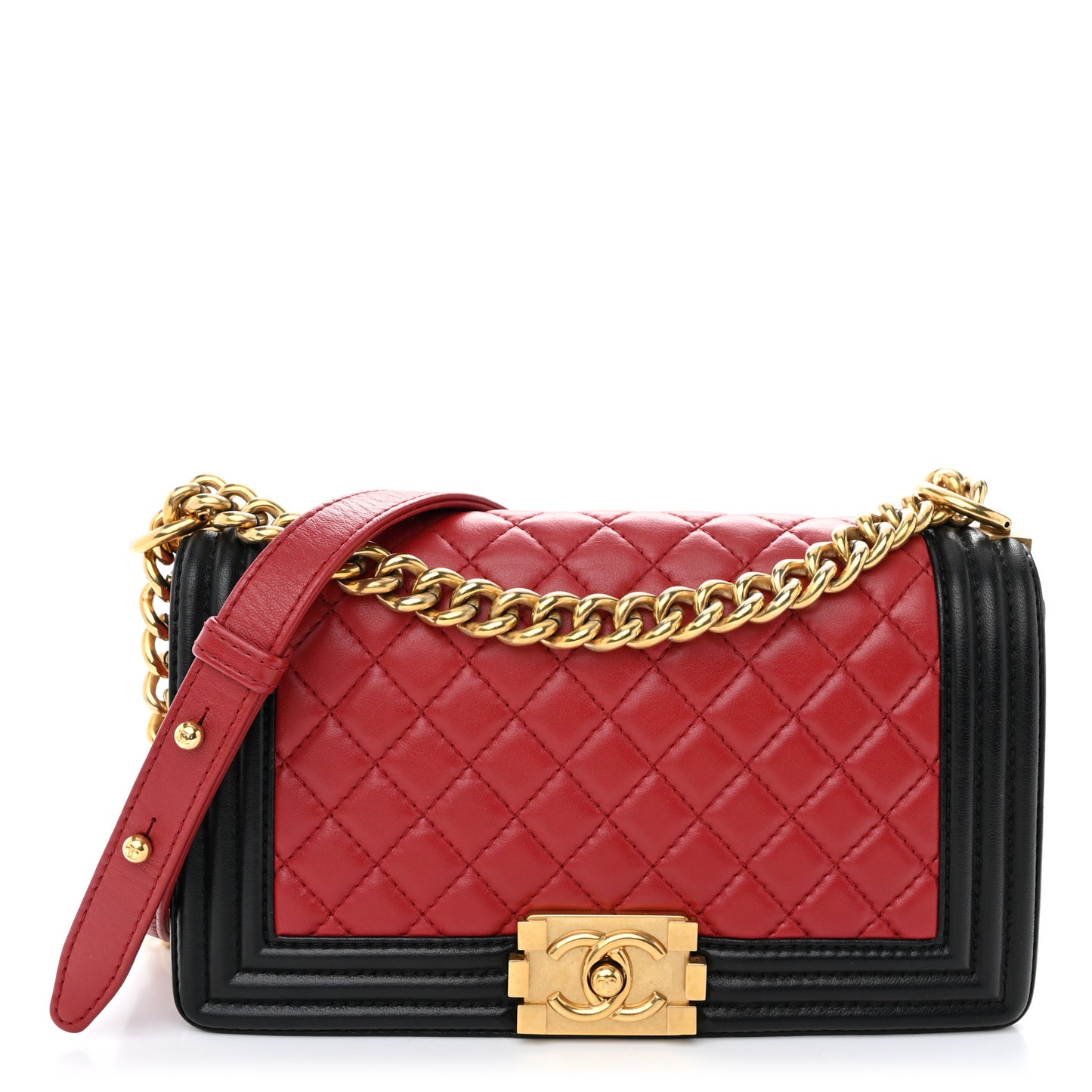 Lambskin Quilted Medium Boy Flap Dark Red Black