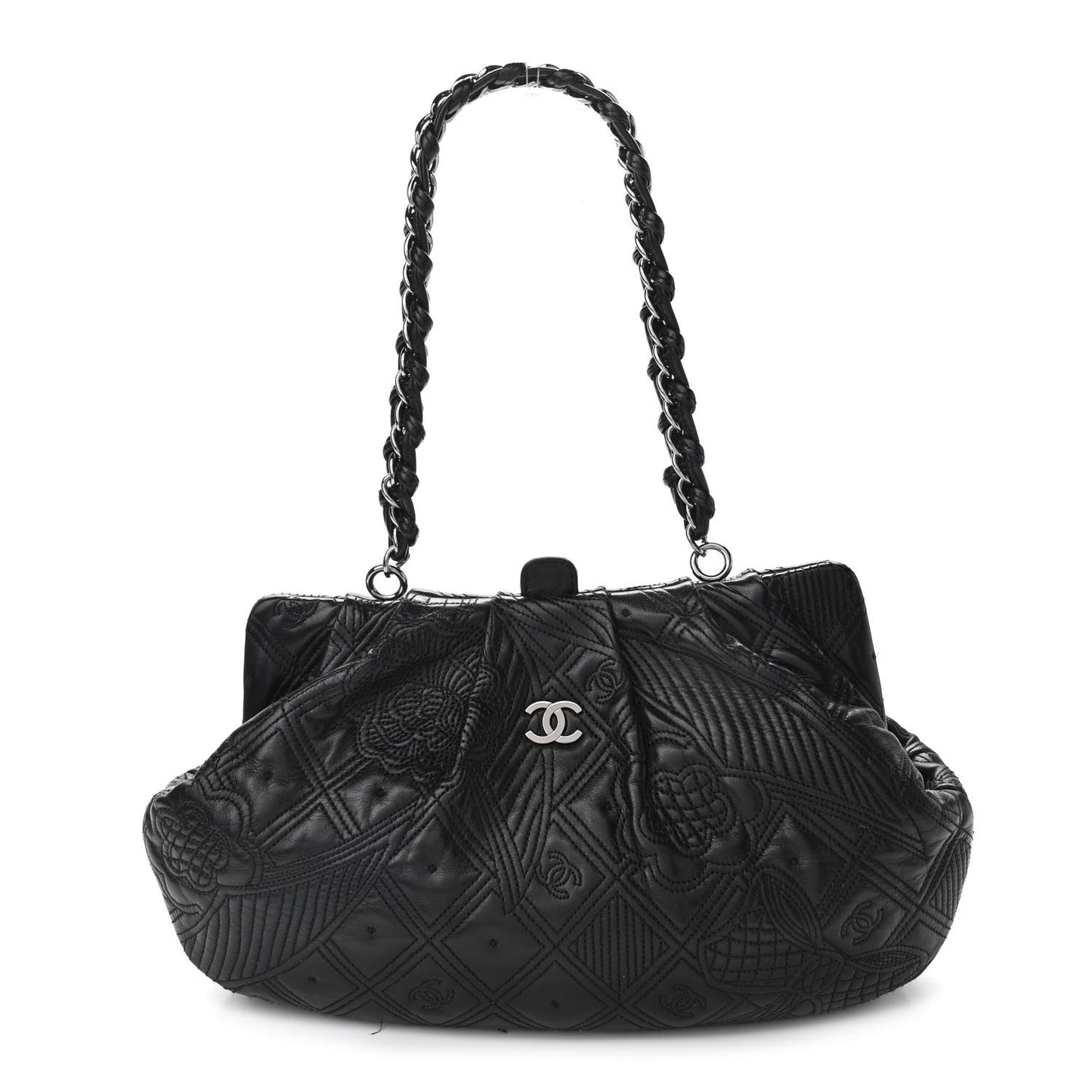 Lambskin Embroidered Frame Bag Black