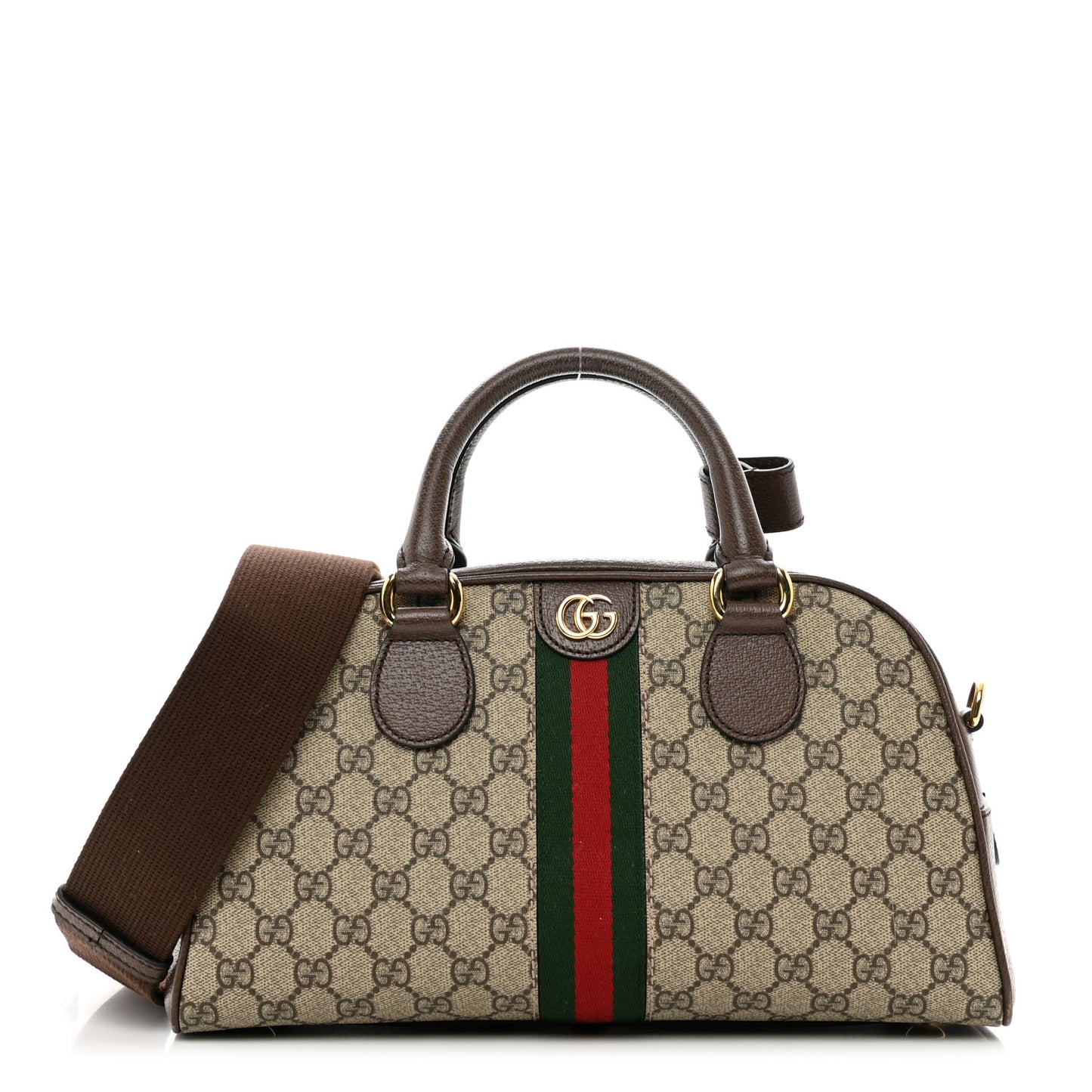 GG Supreme Monogram Textured Dollar Calfskin Web Medium Ophidia Top Handle Bowler Bag Beige Ebony New Acero
