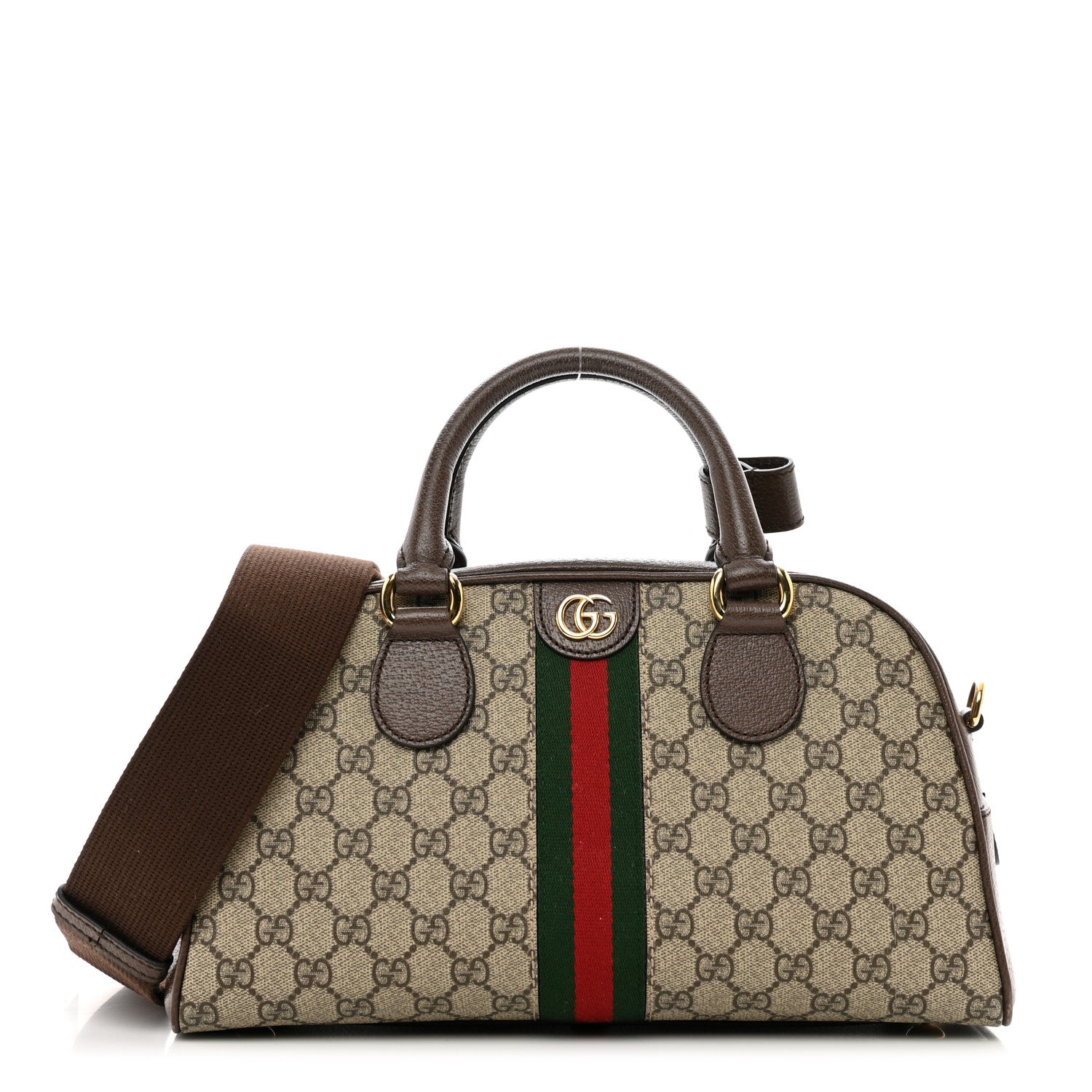 Gucci GG Supreme Monogram Textured Dollar Calfskin Web Medium Ophidia Top Handle Bowler Bag Beige Ebony New Acero 1 of 10