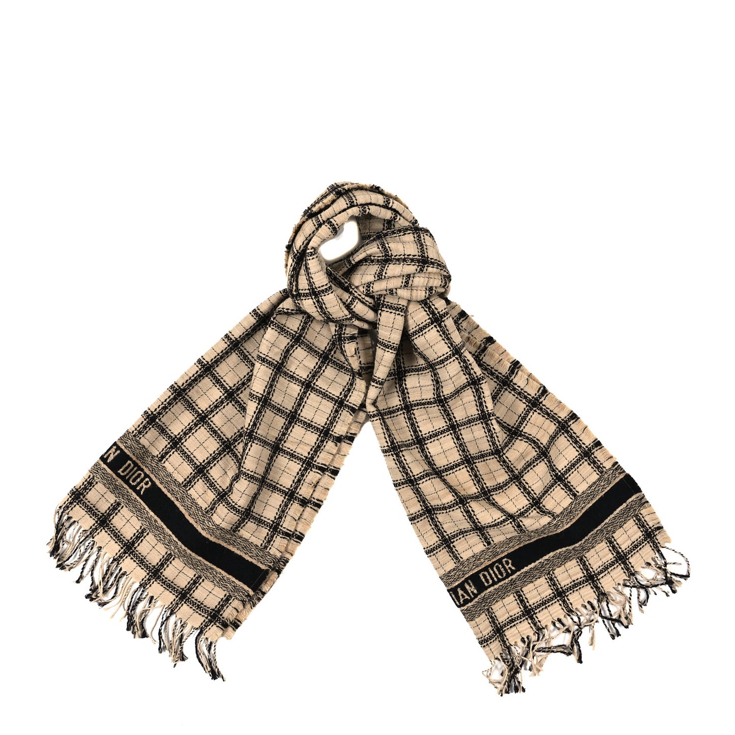 Wool Silk Fringe Scarf Beige Black